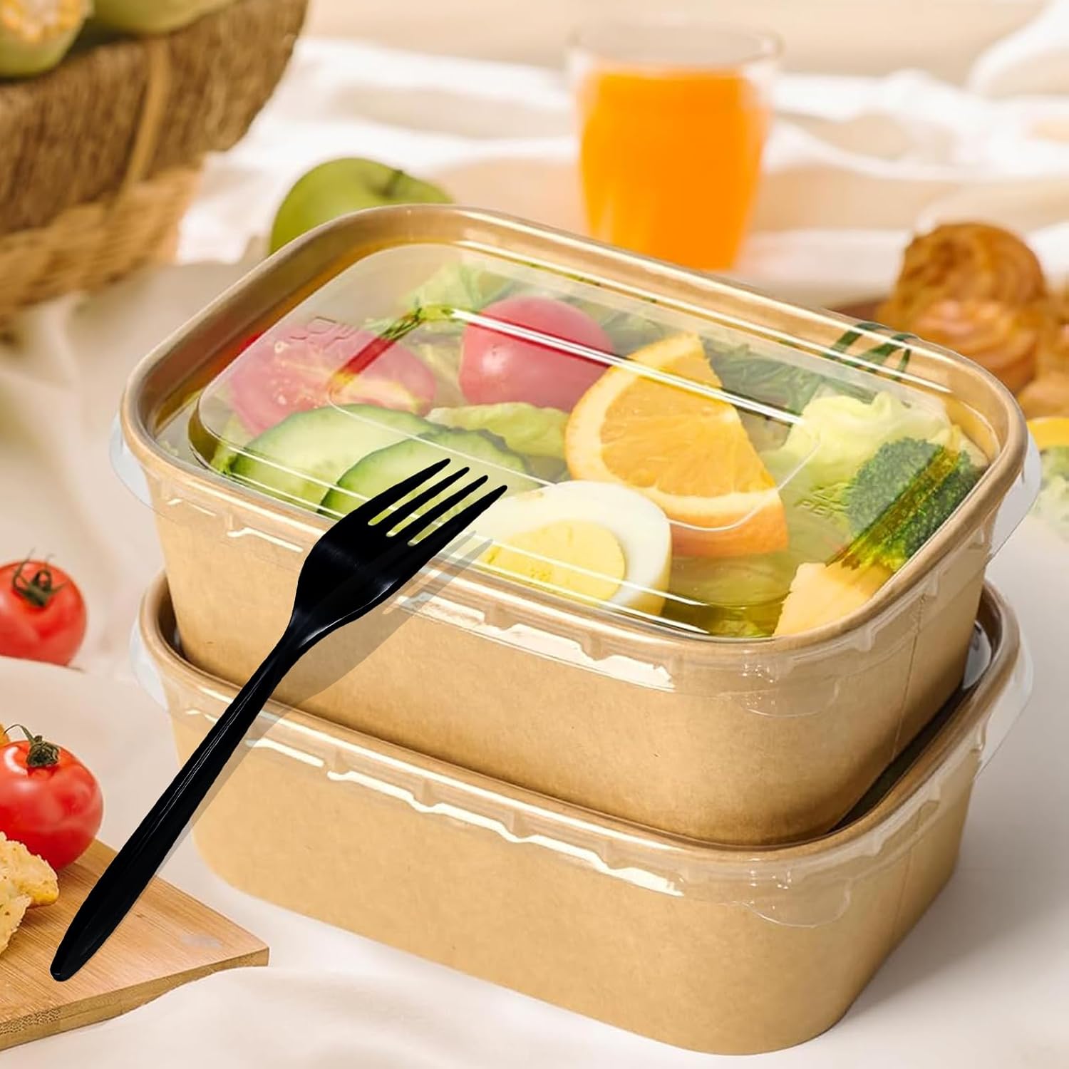 50 Pack 25oz Kraft Paper Square Bowls, Disposable Take Out Containers with Lids and Forks, Grease-Resistant Soup Bowls for Meal Prep, Snacks, and Takeout, Microwave & Freezer Safe