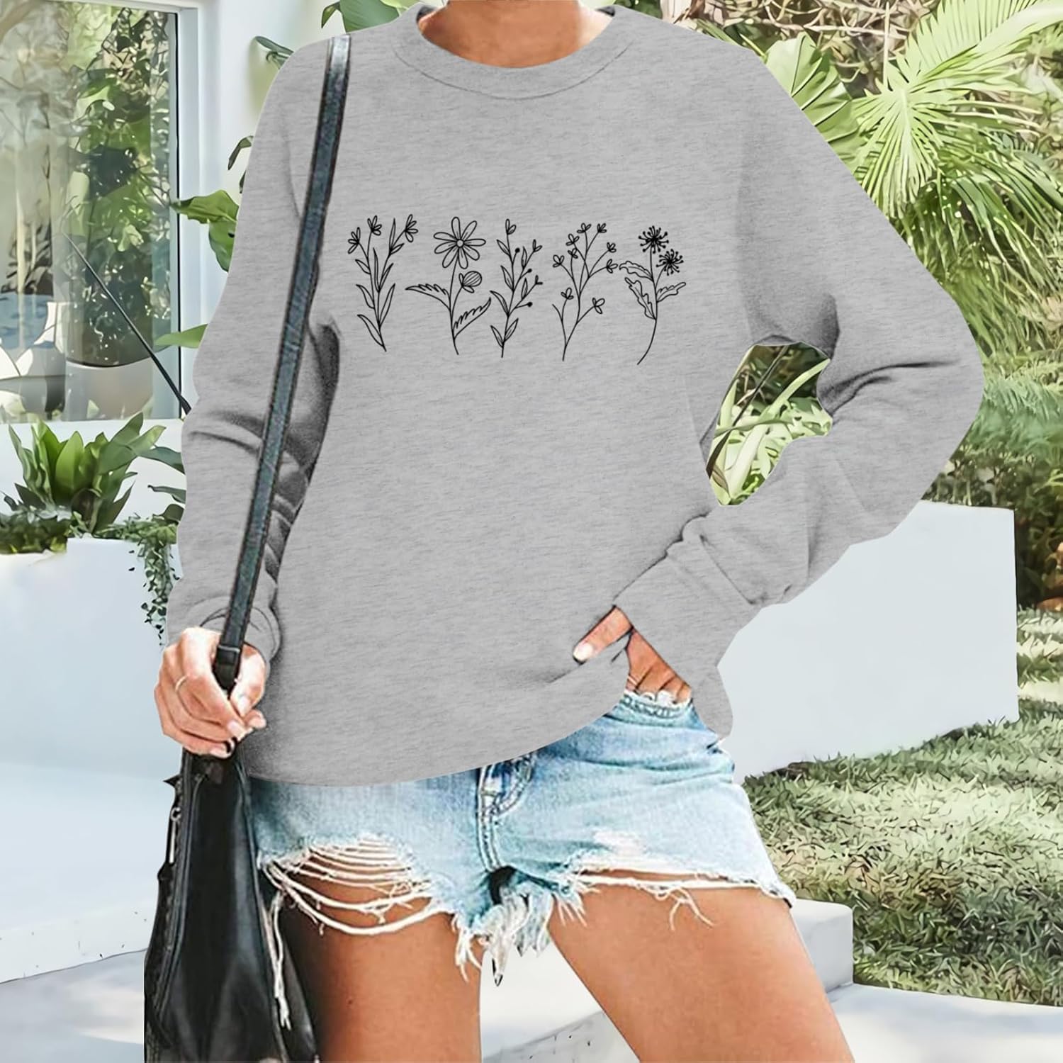 Flower Graphic Sweatshirt Women Vintage Floral Printed Long Sleeves Shirt Crewneck Hoodie Loose Fall Pullovers Tops - Image 5