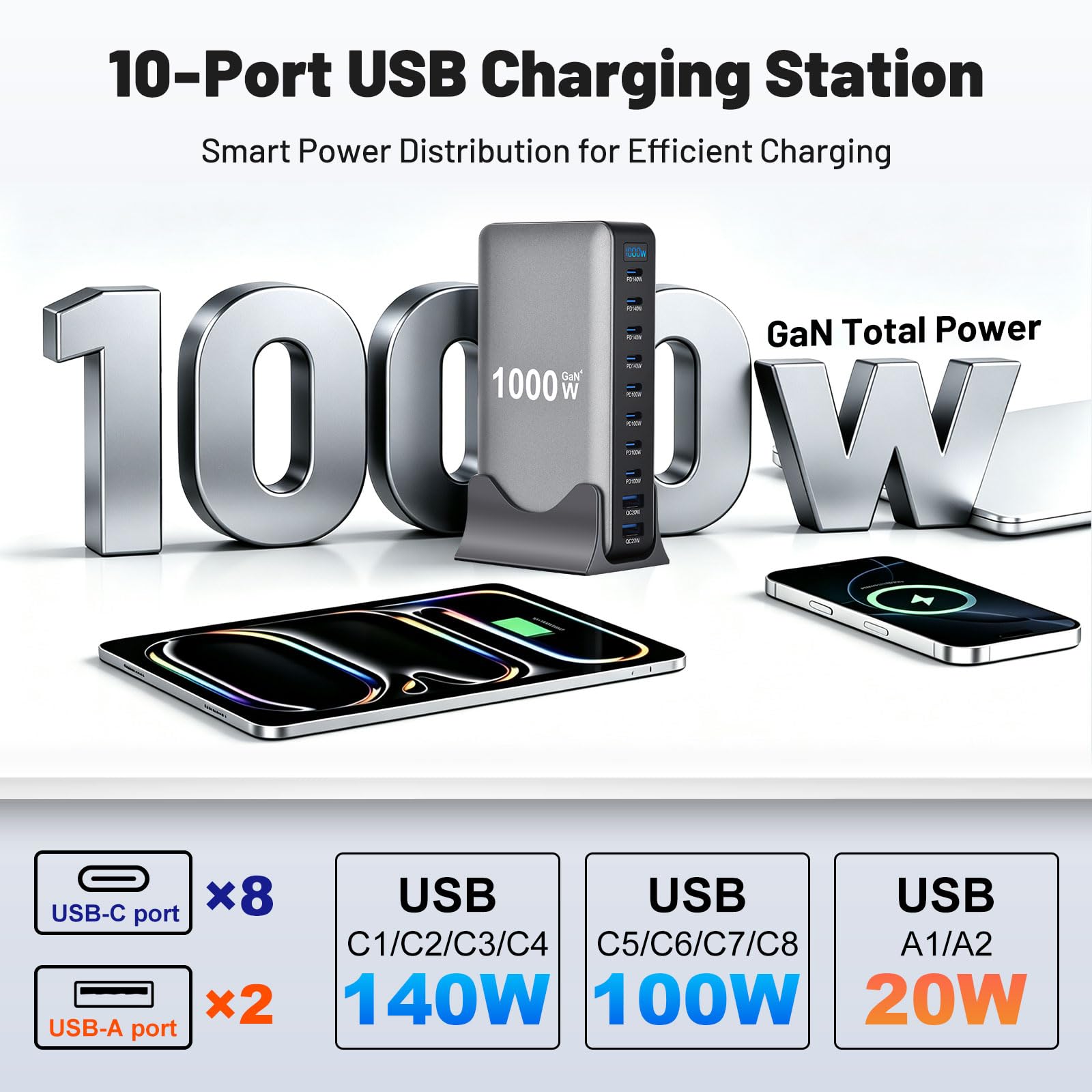 Caricatore USB Alimentatore Multidevice GaN 10Porte 1000W Stazione Ricarica