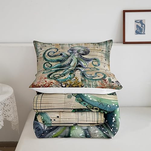 Miniatura 5 de Erosebridal Juego de ropa de cama con tentáculos de pulpo para niños, diseño rústico de madera con estrellas de mar, relleno de edredón tropical de