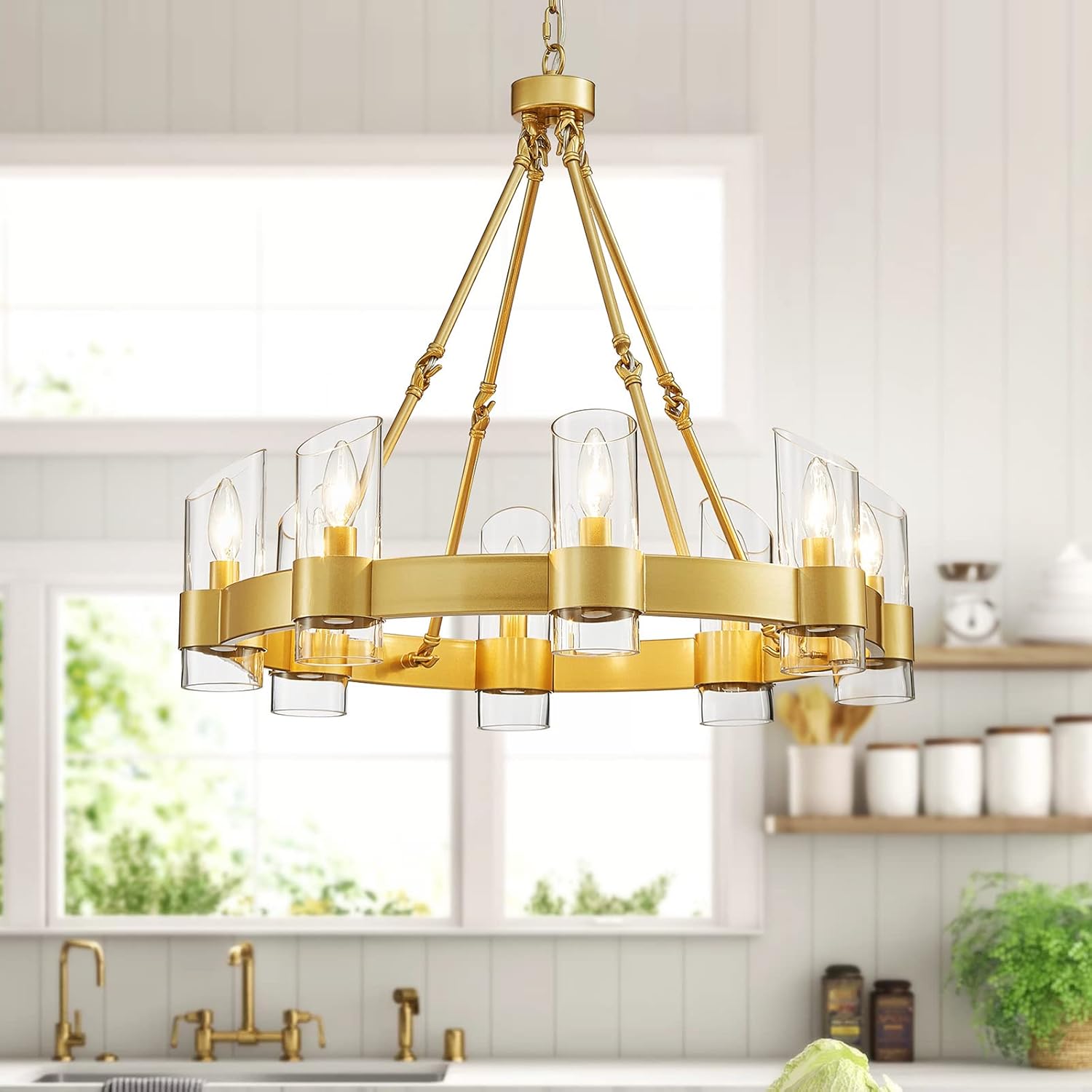 WUZUPS Wagon Wheel Chandelier 8-Light with Clear Glass Industrial Modern Farmhouse Round Light Fixture for Dining Room Kithen Island Foyer, Width 26" Height 22", Gold