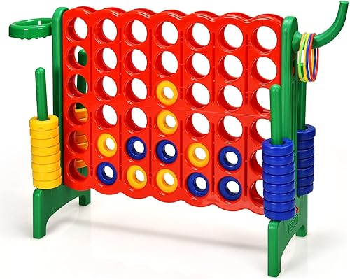 GLACER Giant 4-in-A-Row, Jumbo 4-to-Score Giant Game Set, Outdoor Connect-All-4 Game Set wBasketball Hoop, Ring Toss, Quick-Release Slider, 42 Jumbo