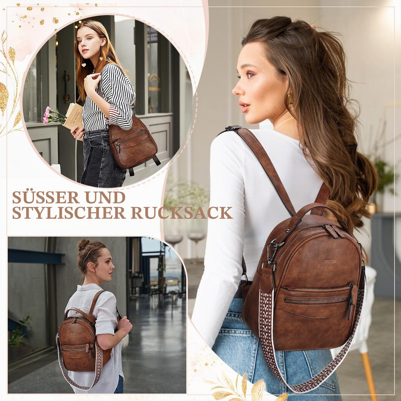 RAVUO Rucksack Damen Klein, Elegant Cityrucksack Kleiner Lederrucksack 2 in 1 Handtasche Damen-Rucksackhandtaschen Braun
