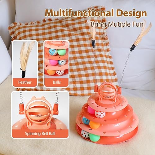 Miniatura 4 de Juguetes para gatitos, juguetes interactivos de rompecabezas para gatos de interior, torre para gatos con 2 juguetes y pista de bolas (naranja)