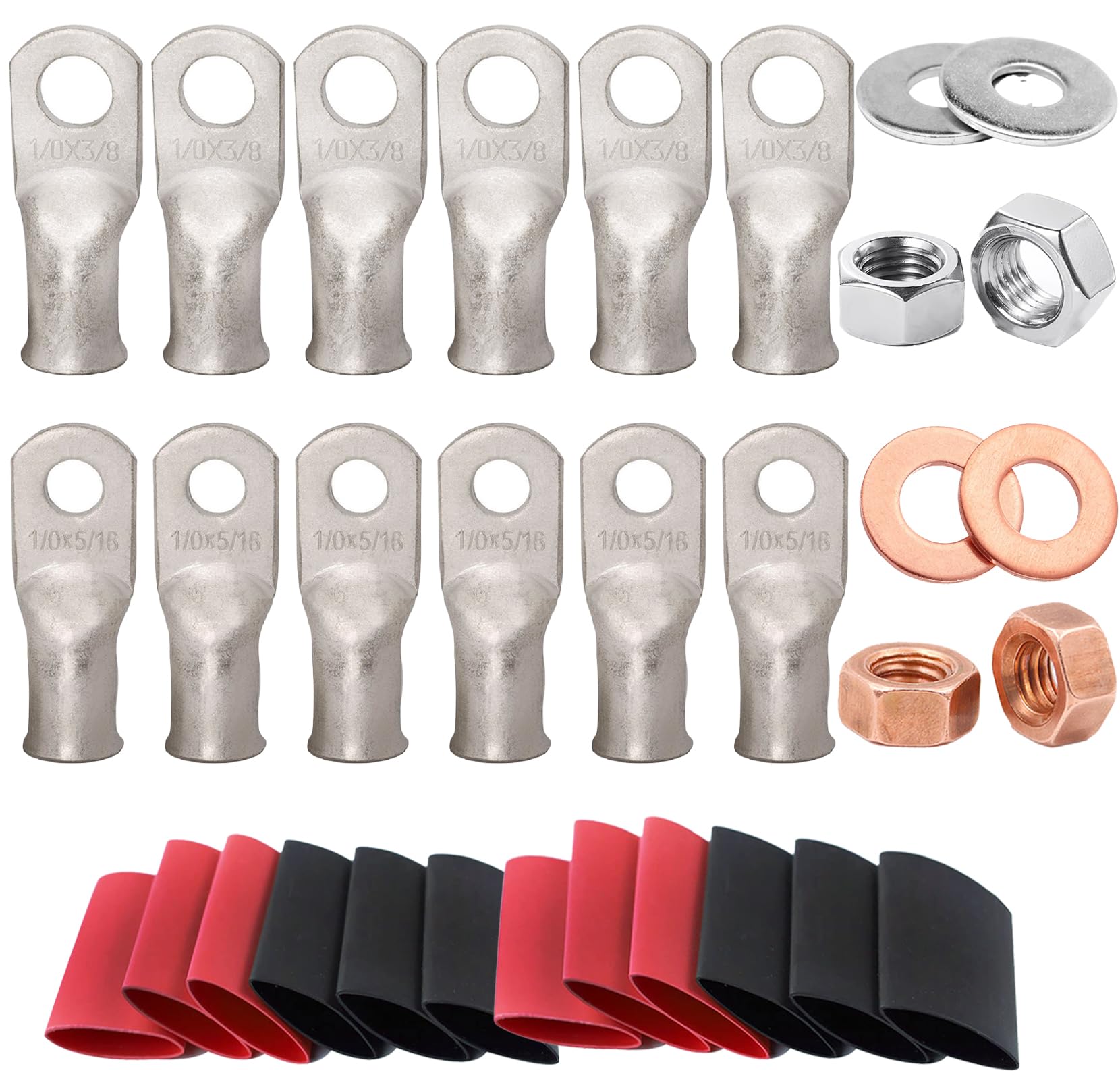 SVAAR Kit de aletas de cobre estañado calibre 0 0 AWG terminales de cable de batería 1/0 AWG 3/8" y 1/0 AWG 5/16" terminales de anillo, 8 terminales de cable calibre 0 + 8 termorretráctiles 3:1 + 2