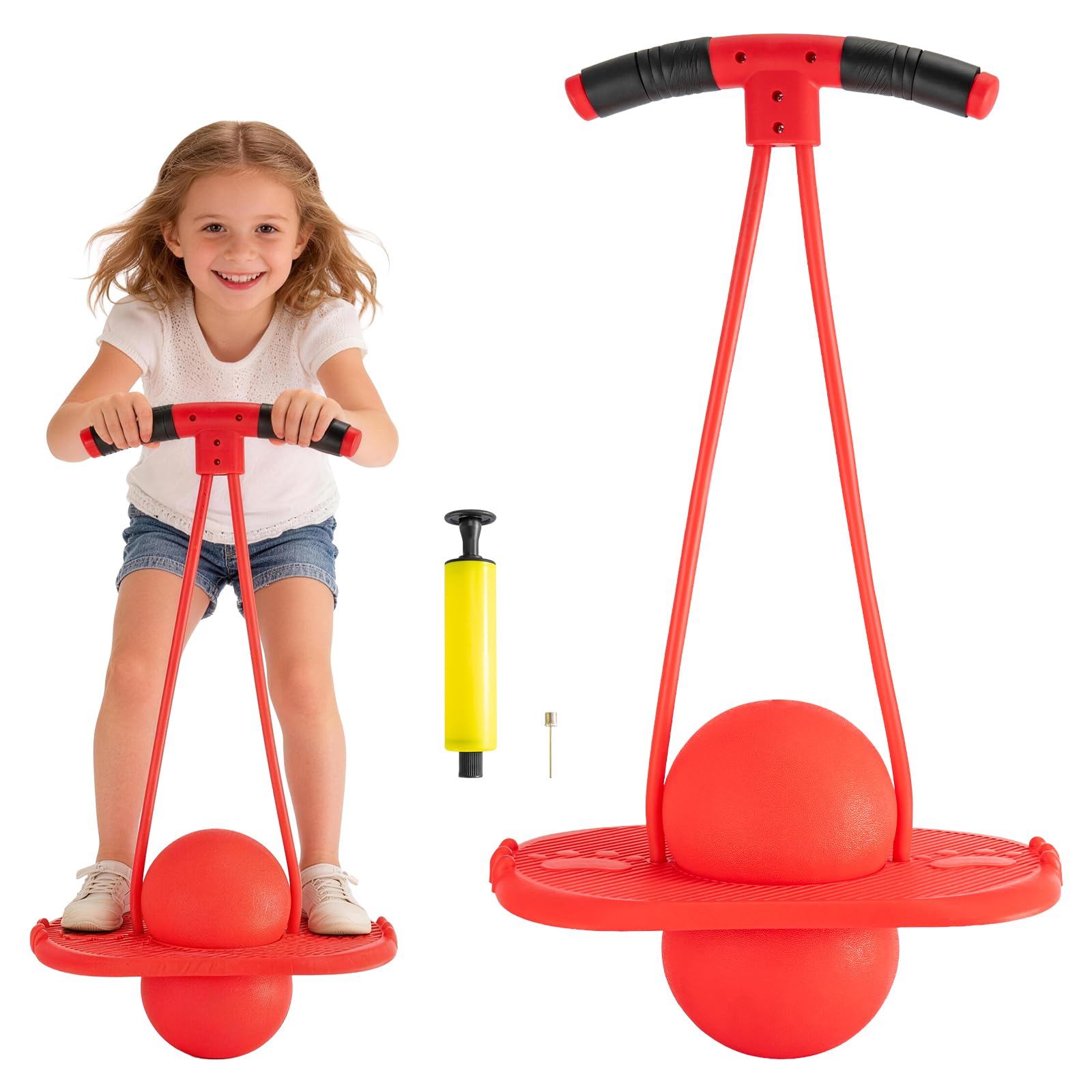 LN Cozy CORNE Pogo Ball for Adults, Balance Jumping Ball with Adjustable Handle, Quiet Indoor Fitness Pogo Jumper, Anti-Slip Footboard, Supports up to 100kg (Red)
