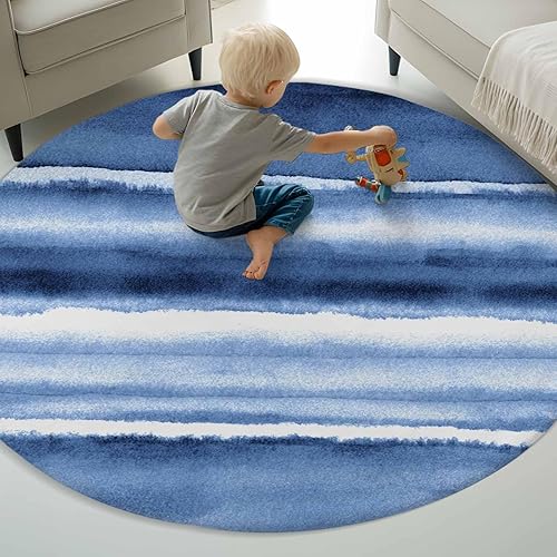 Miniatura 2 de Round Rugs 6 Feet, Blue Stripes Non Slip Area Rugs for Living Room, Bedroom, Barhroom, Entryway, Watercolor Retro Ombre Abstract Tie Dye Art Soft