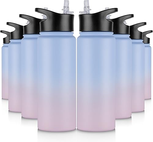 Miniatura 12 de Paquete de 8 botellas de agua deportivas de acero inoxidable con aislamiento de 32 oz, botellas de agua con tapa de pajita y tapas de boca ancha,