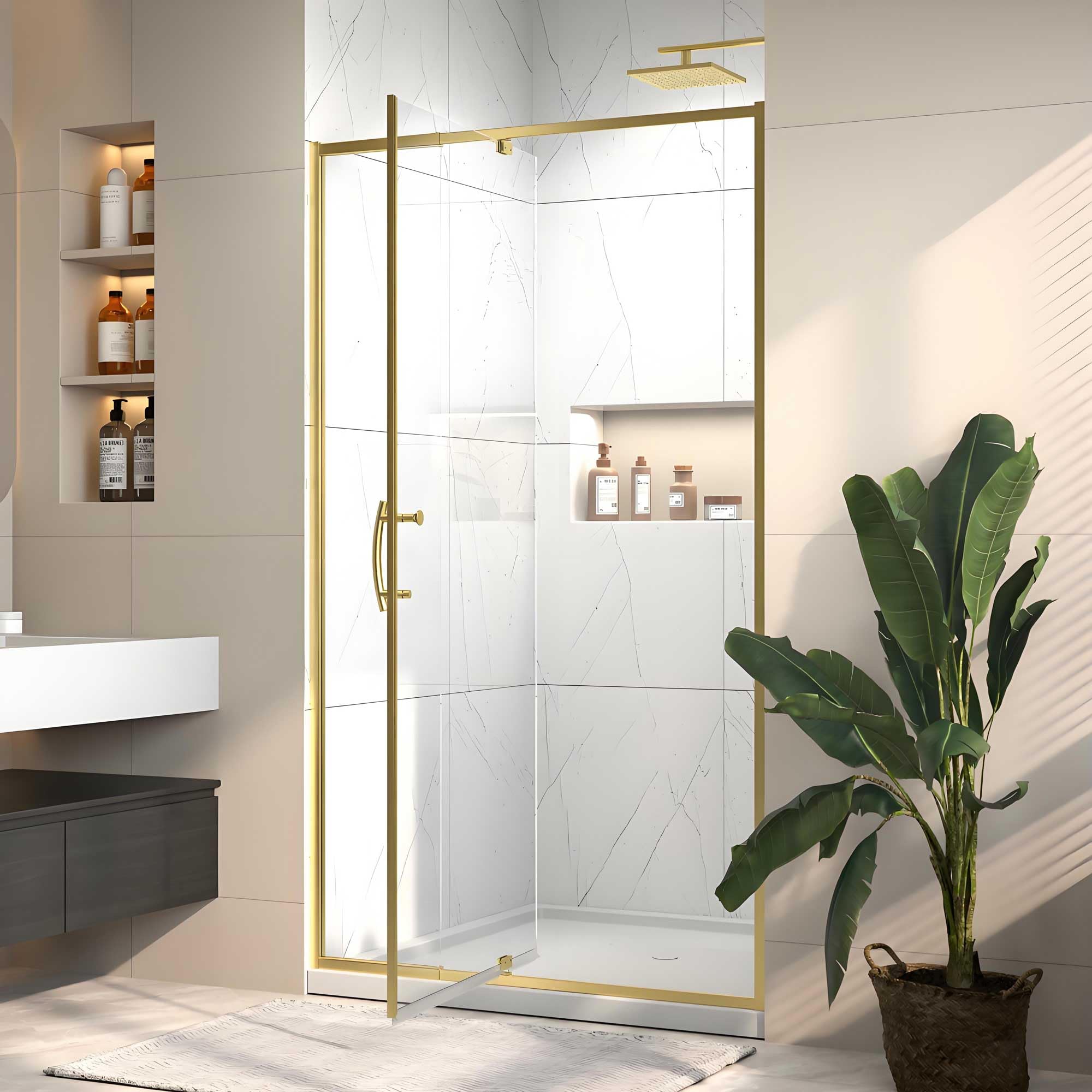 Photo 1 of Rodkedc Pivot Glass Shower Door, 38-42" W x 71" H, 1/4"(6mm) Clear SGCC Tempered Glass, Brushed Gold Finish, Magnetic Closure, Reversible Installation
