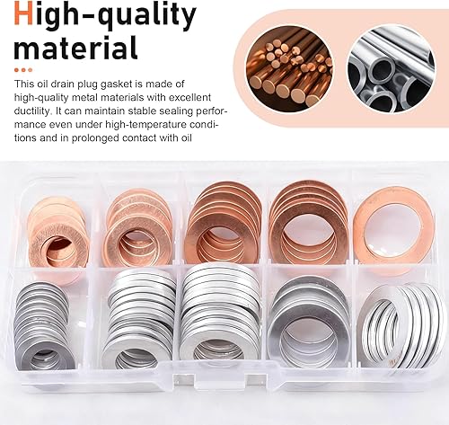 Miniatura 6 de Qurbuns 100 juntas de tapón de drenaje de aceite, resistentes al calor, juntas de sellado de aceite de cobre con estuche de almacenamiento, tapón de