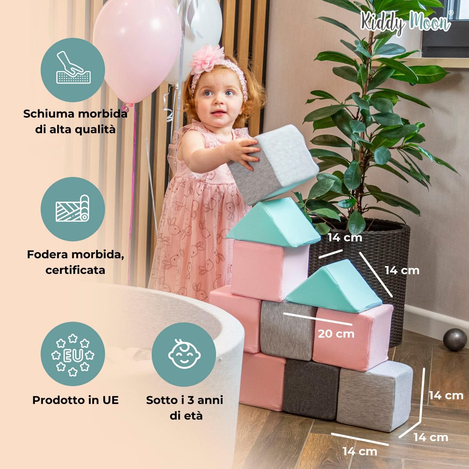 KiddyMoon Cubi Morbidi Schiuma 14 Cm, Blocchi Bambini, Fodera Velluto Zip Lavabile, Sensoriali, 12 Pezzi, Cubi: Laguna Turchese/Blu Ghiaccio/Grigio Dei Monti