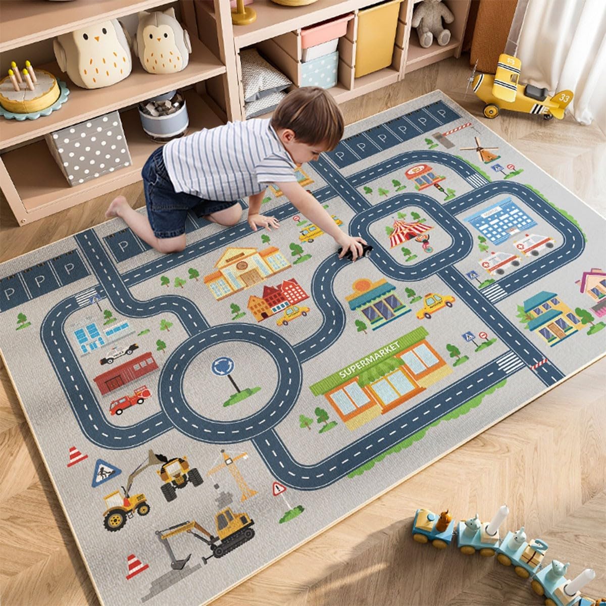 Kids Rug Mat Carpet 5×7ft, Car Rugs for Kids Toy Cars, Non Slip Floor Mats for Children, Educational Area Play Rugs for Children's Playroom Bedroom