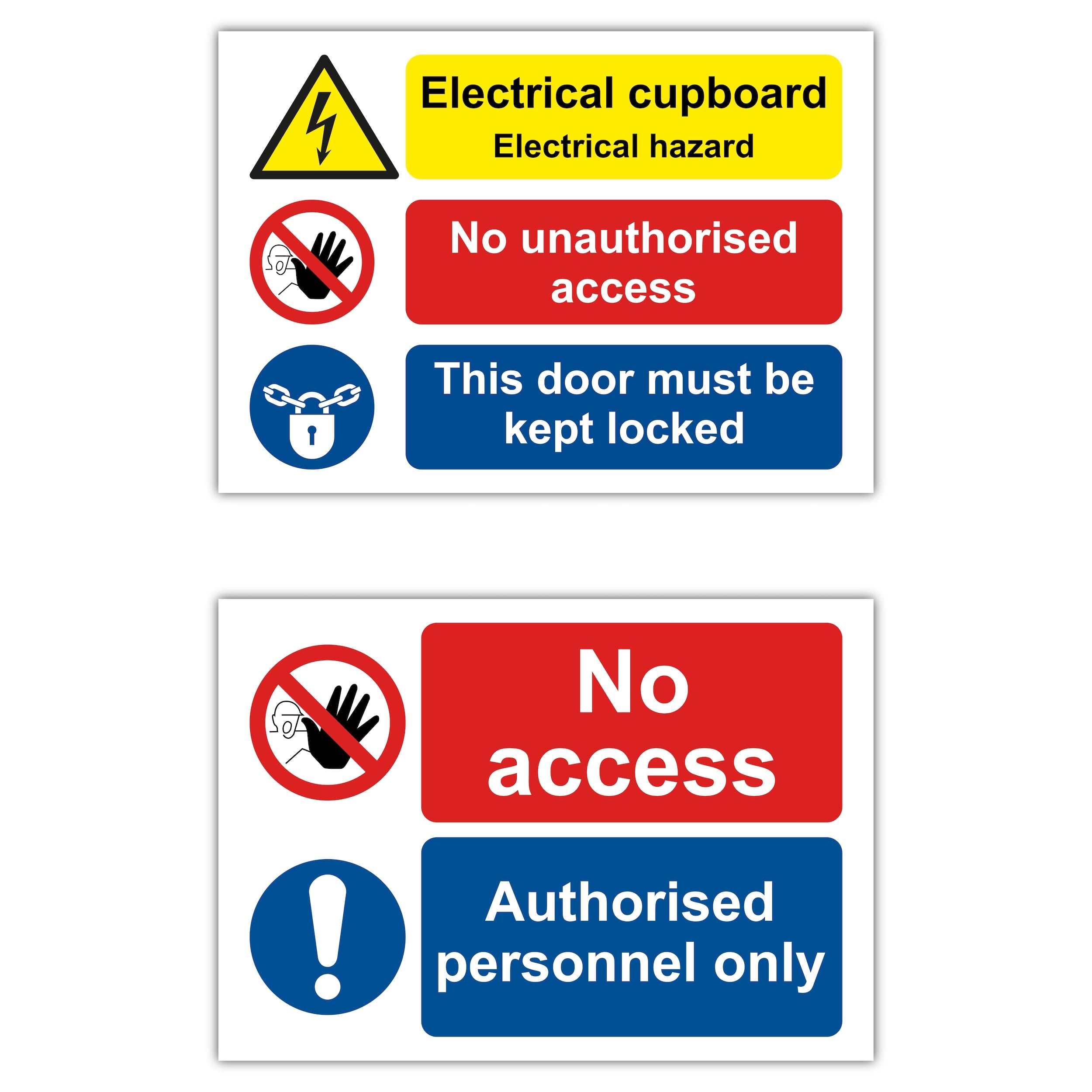 Set of 3 Electrical Safety Sign Labels (148 × 210 mm), Electrical Cupboard, No Access – Authorised Personnel Only, Danger Electric Shock Risk – Self Adhesive Polypropylene Stickers
