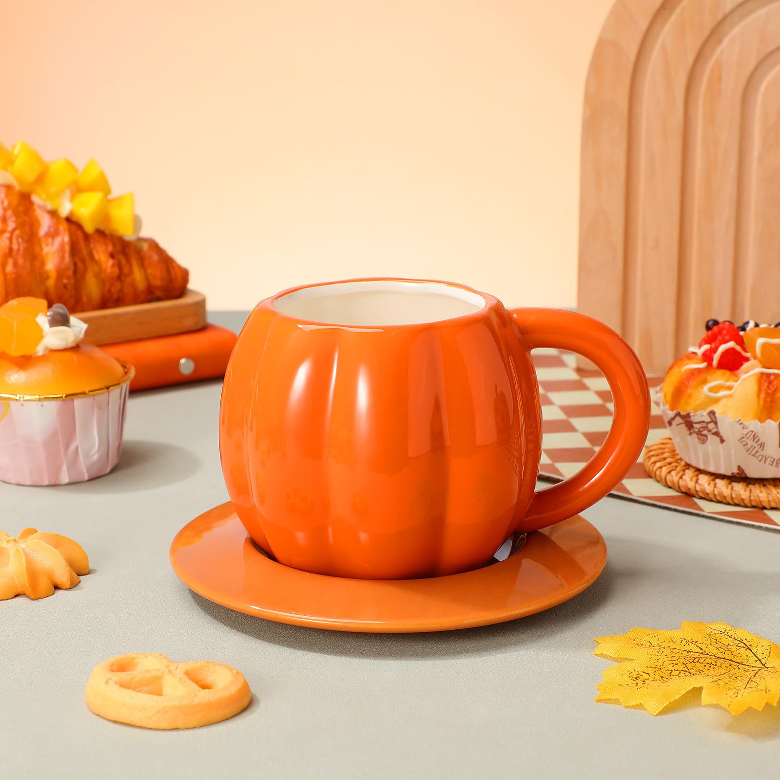 POPETPOP Taza de Cerámica Decorativa 500ml Naranja, Taza de Café Calabaza