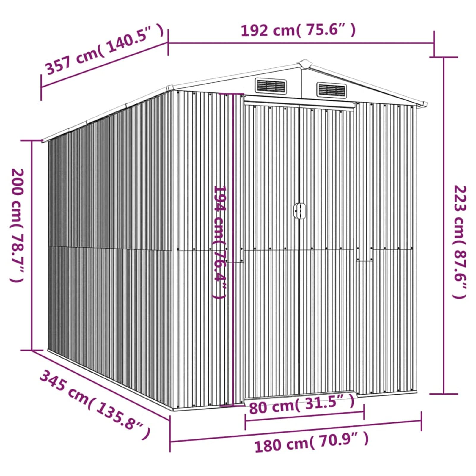 Gecheer Casetta Da Giardino In Metallo 257x392x181 Cm | Capannone Attrezzi Con Doppie Porte Scorrevoli E Ventilazione | Acciaio Zincato Resistente A Vento E Intemperie
