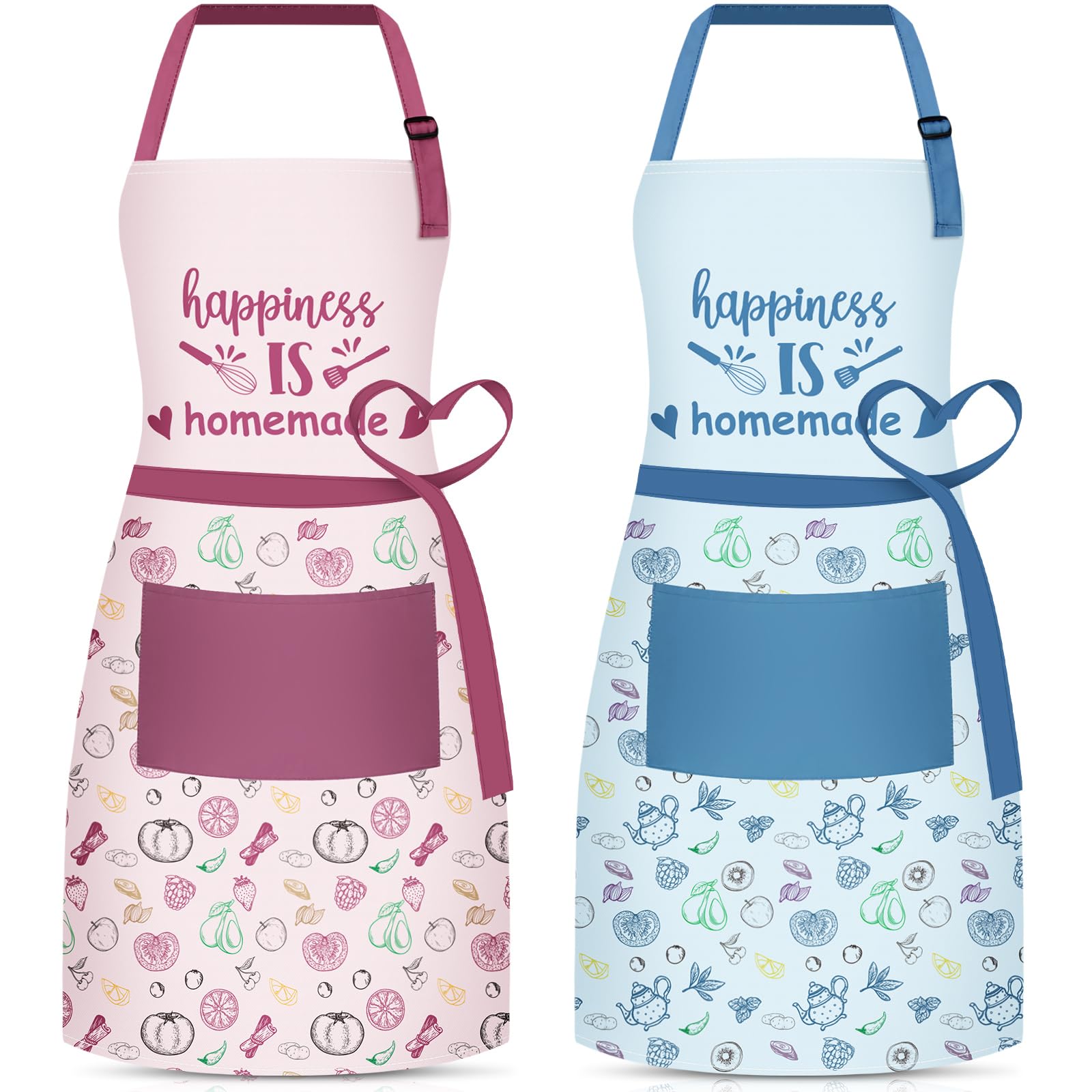 2 Pcs Happiness Is Homemade Aprons for Women with Pockets Pink Blue Waterproof Cooking Baking Aprons Vegetables Fruit Washable Apron for Men Women Home Chef Gift Kitchen Supplies Christmas