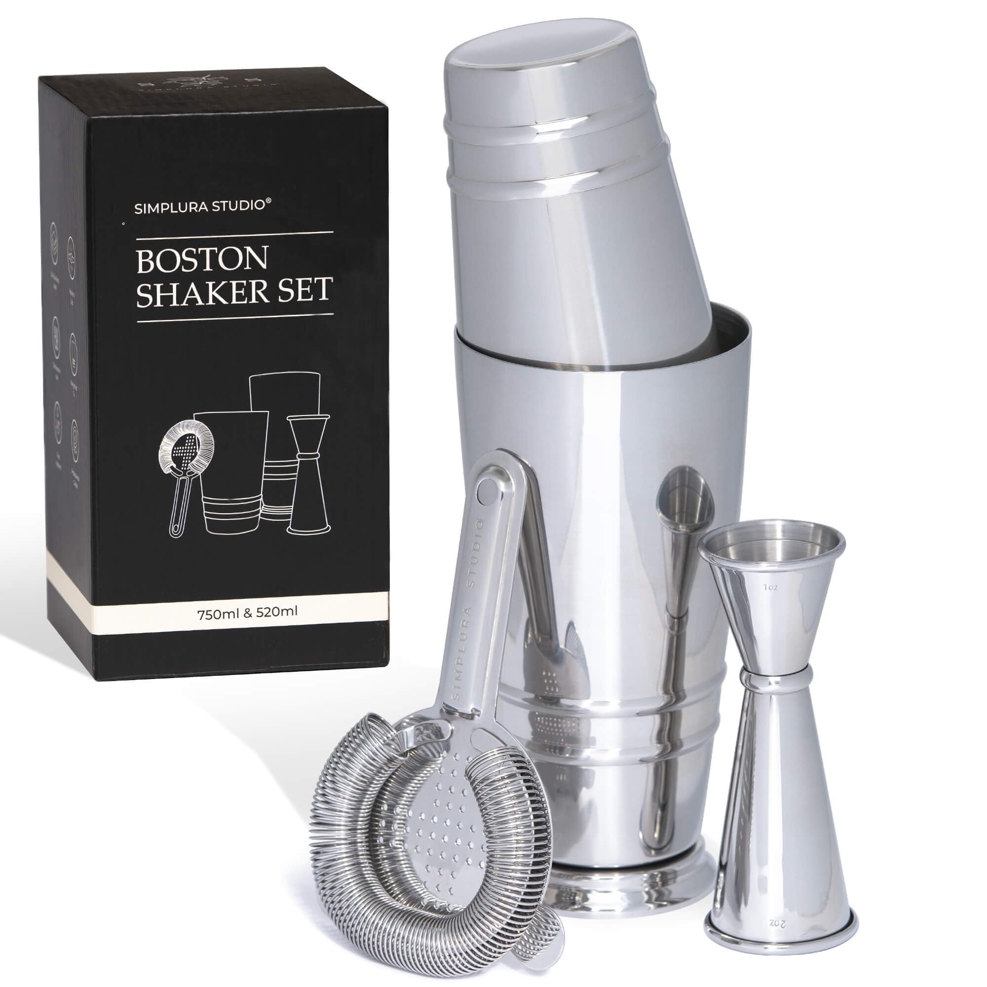 Set di 4 shaker Boston con colino Hawthorne e misurino giapponese, in acciaio inox 304, set da cocktail ponderato – Set shaker Boston – Shaker per barista – Shaker per cocktail