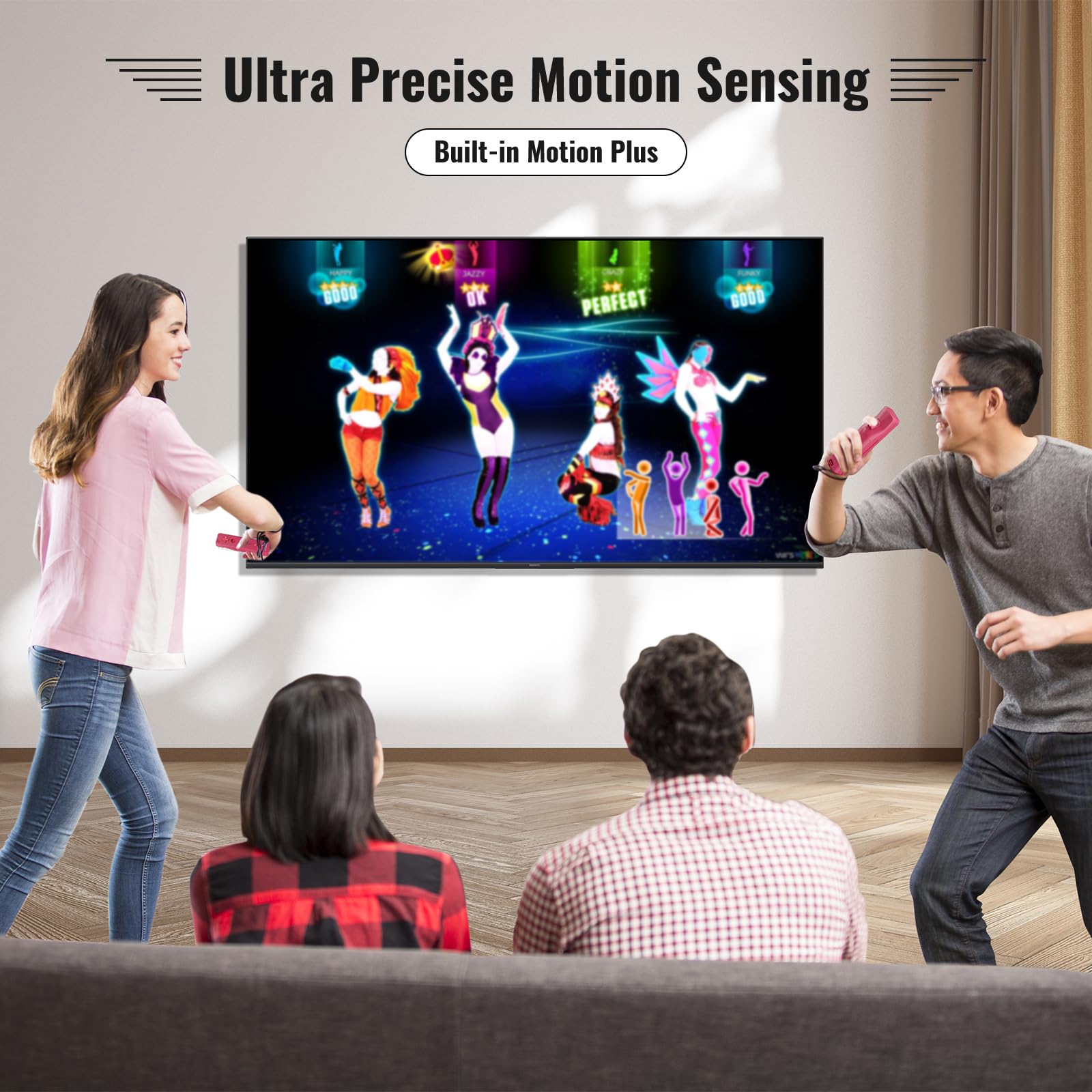 Gamrombo Motion Plus Lot de 4 manettes Wii compatibles avec Wii/Wii U avec étui en silicone et dragonne (blanc, noir, rose, bleu)
