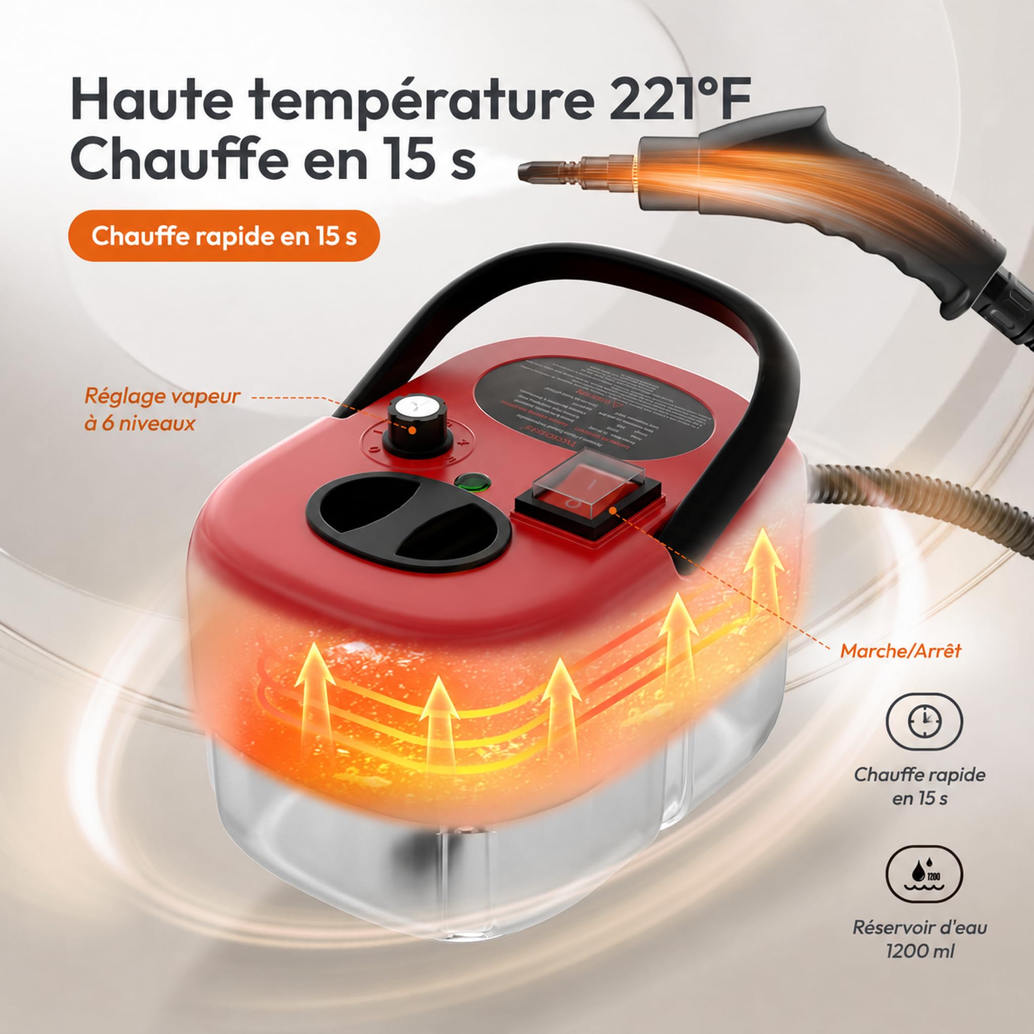 Nettoyeur Vapeur, Steam Cleaner Haute Pression, Réservoir d'eau 1,2L,Rouge