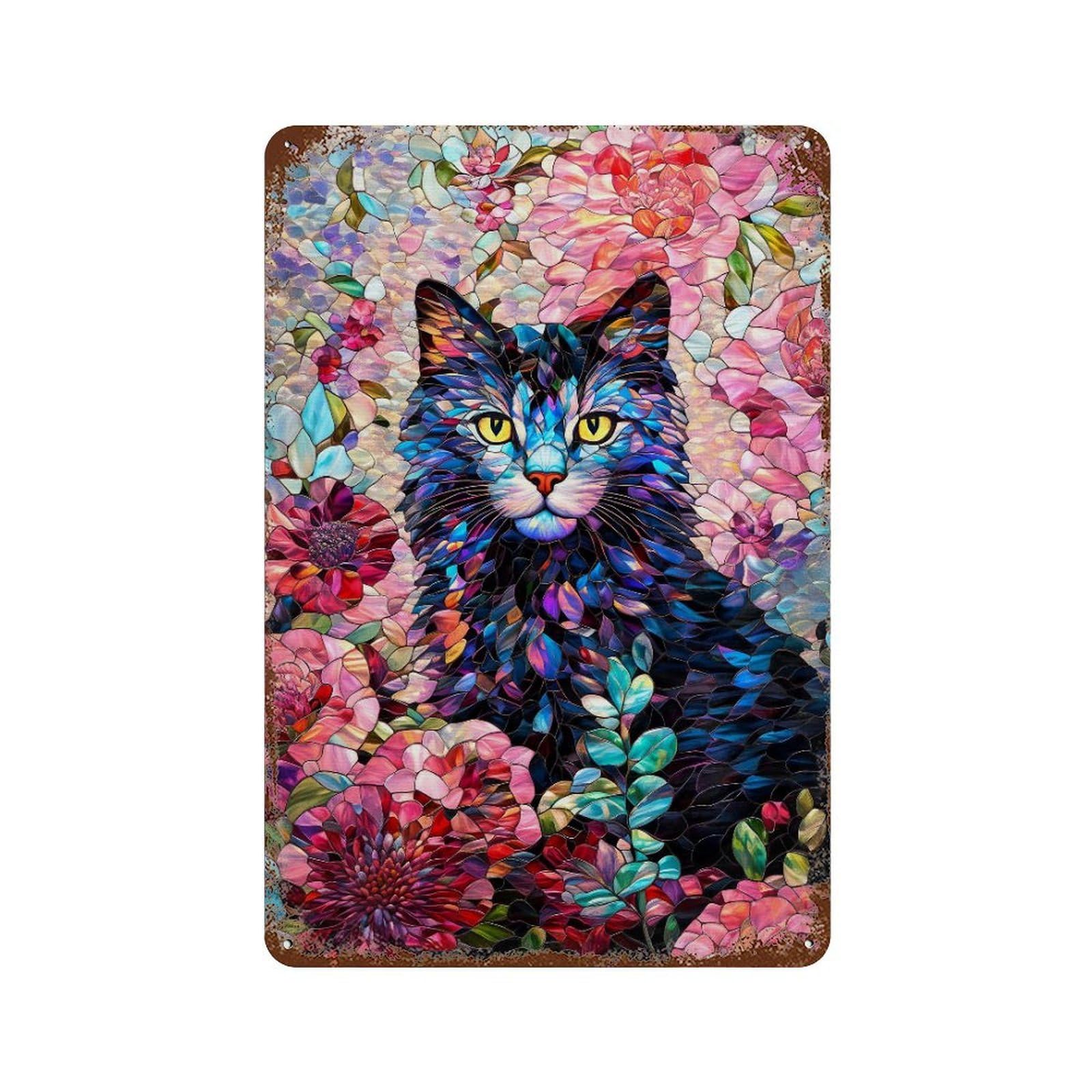 Distressed Metal Wall Sign Stained Glass Cat Artwork 11.8"x7.9", Old School Wall Decor for Bistro, Counter And Cafe Decor