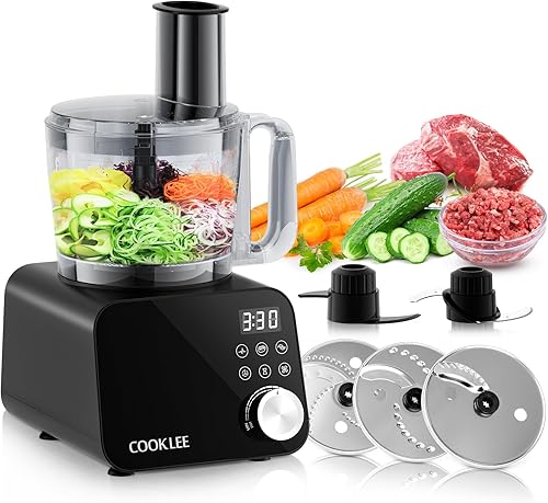 COOKLEE Procesador de alimentos, 600 vatios, 6 funciones, picador eléctrico de verduras para picar, picar, cortar en cubitos, triturar, rebanar,