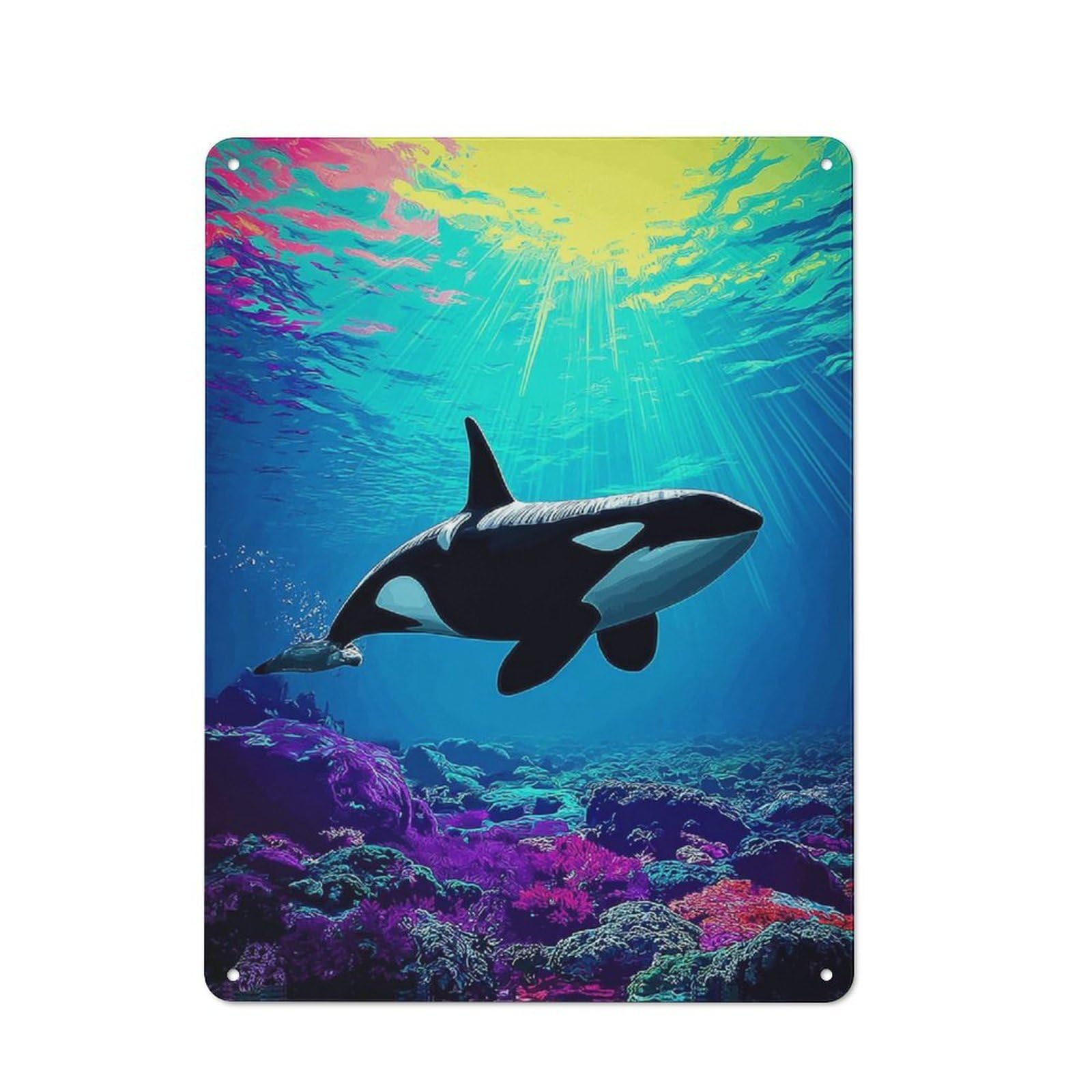Vintage Tin Sign 40x30cm with Whale in Vibrant Coral Reef -1 for Living Room Or Hallway, for Metal Sign Collectors, for Vintage Wall Decor Fans