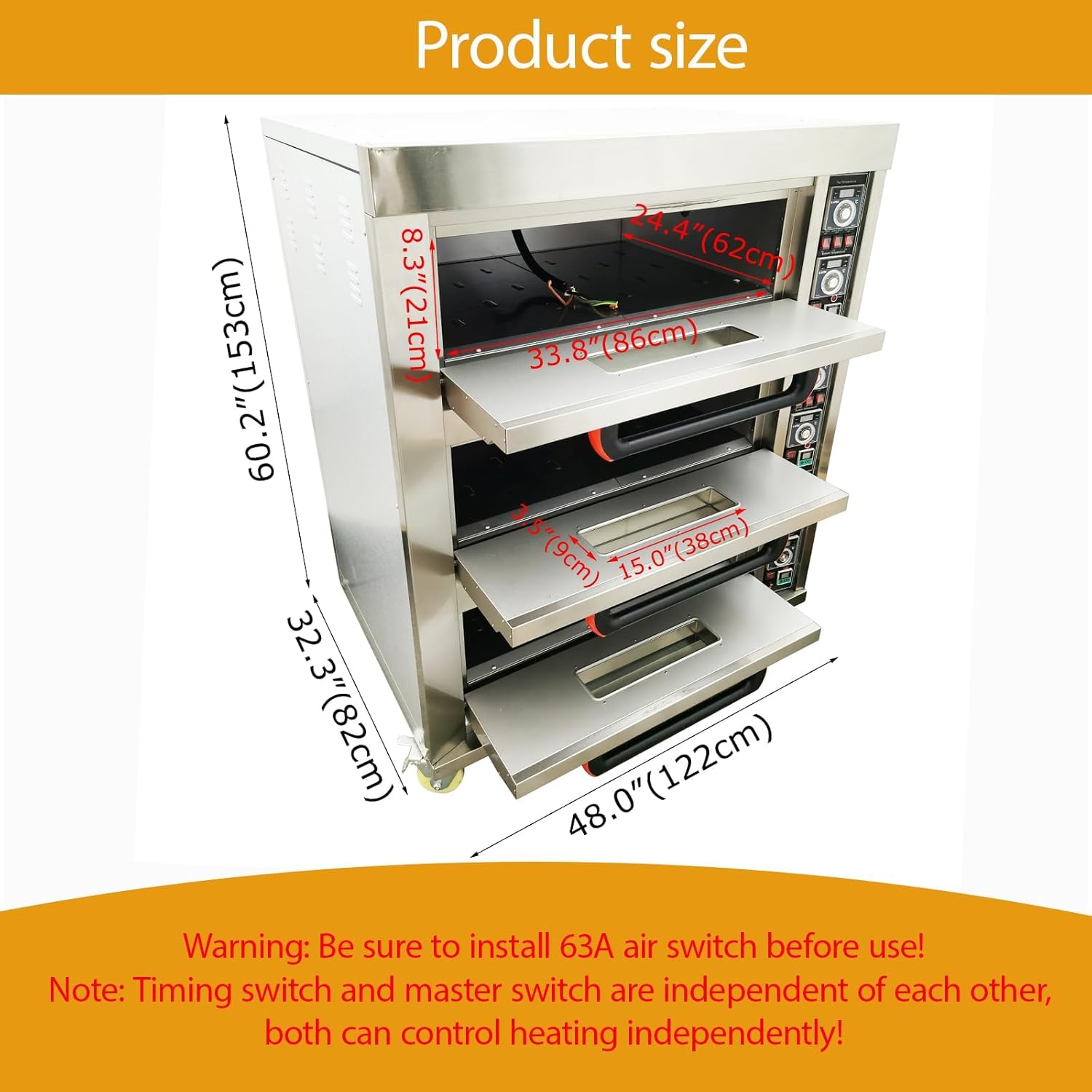 Commercial Pizza Oven Triple Deck Six Pan with Casters 3-Phase 19.8KW Stainless Steel Movable Pizza Oven for Pizzerias, Restaurants, Bakeries 220V