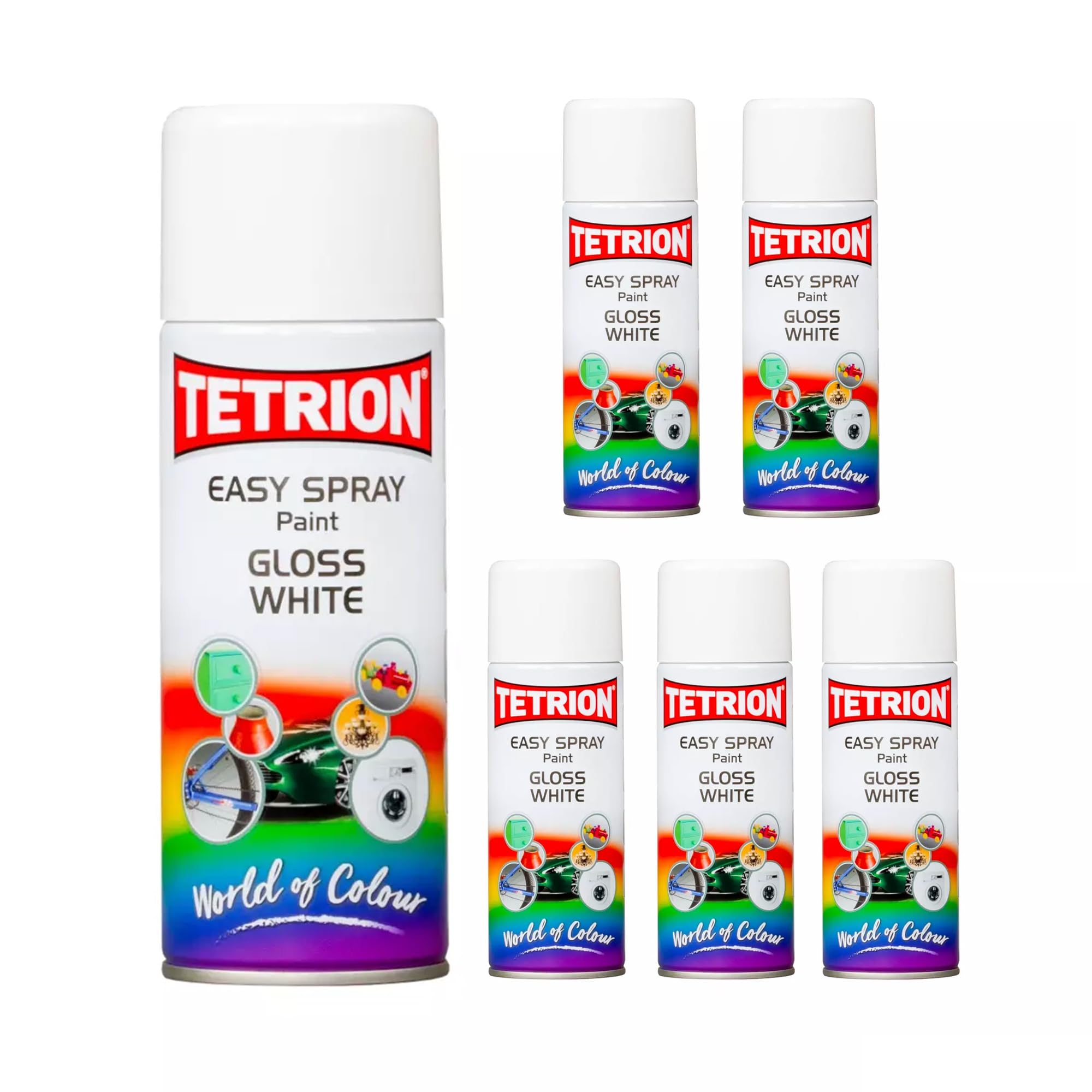 Tetrion Easy Spray Paint - Gloss White, 400ml (Pack of 6) - Acrylic Spray for Wood, Metal, Plastic &amp; More Use with Hi-Build Primer for Long-Lasting Finish, Indoor &amp; Outdoor Use, 13.5 Oz