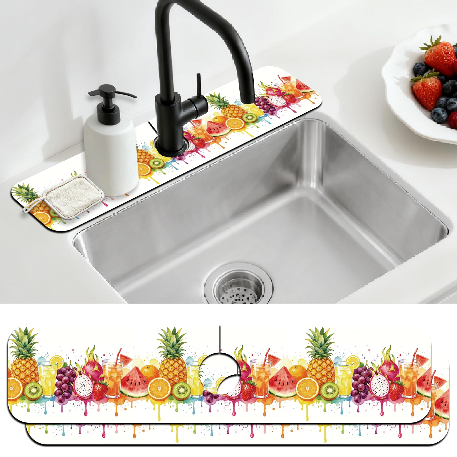 CONCHLERY 2Pcs Fruit Pattern Kitchen Sink Splash Guard Faucet Mat Pineapple Lemon Juice Grapes Kiwis Dragon Fruit Watermelon Faucet Mat for Bathroom Kitchen 5.5x23.6In