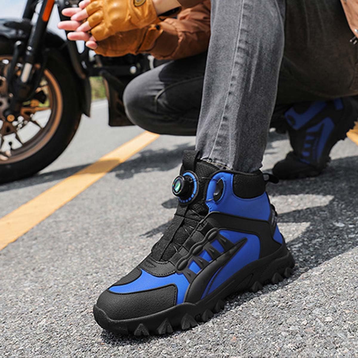 Stivali da Moto Uomo in Pelle Stivali da Motocross Racing | Stivaletti da Moto bassi, Protezioni per la Caviglia, Dita Rinforzate, Comfort Ergonomici, Suola Rinforzata