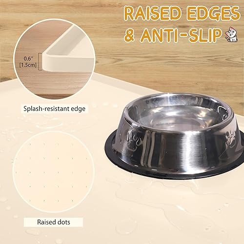 Miniatura 4 de MateeyLife Silicone Cat & Dog Food Mat for Floors Waterproof, Anti-Slip Dog Bowl Mats for Food and Water, Pet Feeding Mats with Lip to Prevent Beige