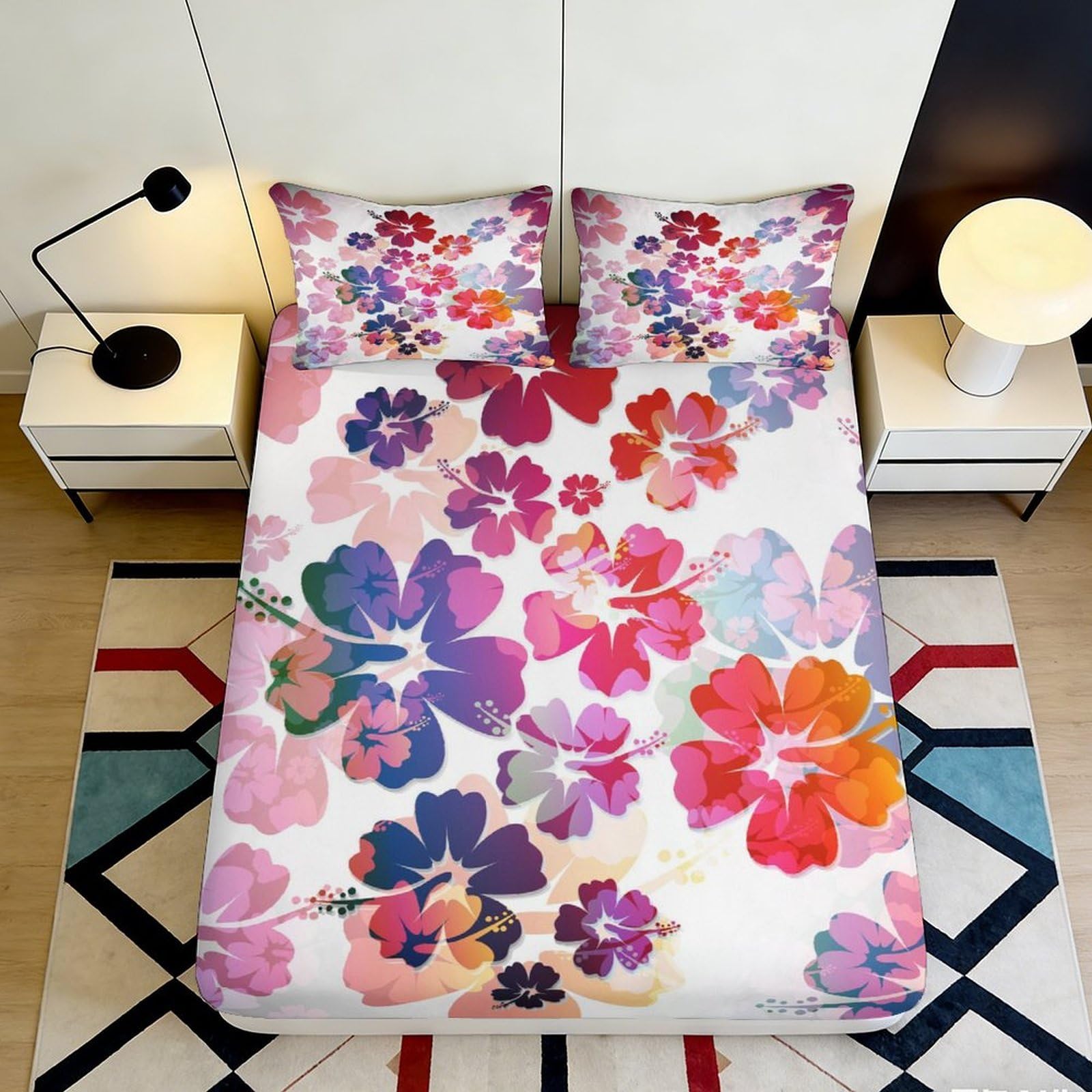 3D Printed Watercolor Floral Fitted Sheet Microfiber Soft Vibrant Blossom Bed Cover for Bedroom Guest Room Decor 90x200x25cm