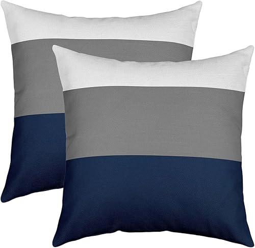 Juego de 2 fundas de almohada reversibles con diseño geométrico de rayas azul marino, para decoración del hogar, 22 x 22 pulgadas, diseño moderno a