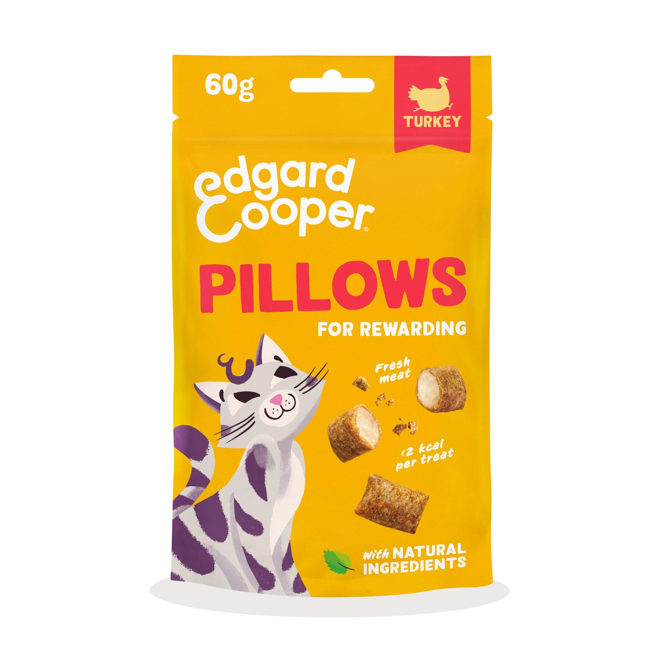 Edgard Cooper natural cat treats, turkey pillows 1 x 60g bag, hypoallergenic, fresh meat, grain free treats for rewarding, less than 2kcal per treat, natural ingredients no added sugar