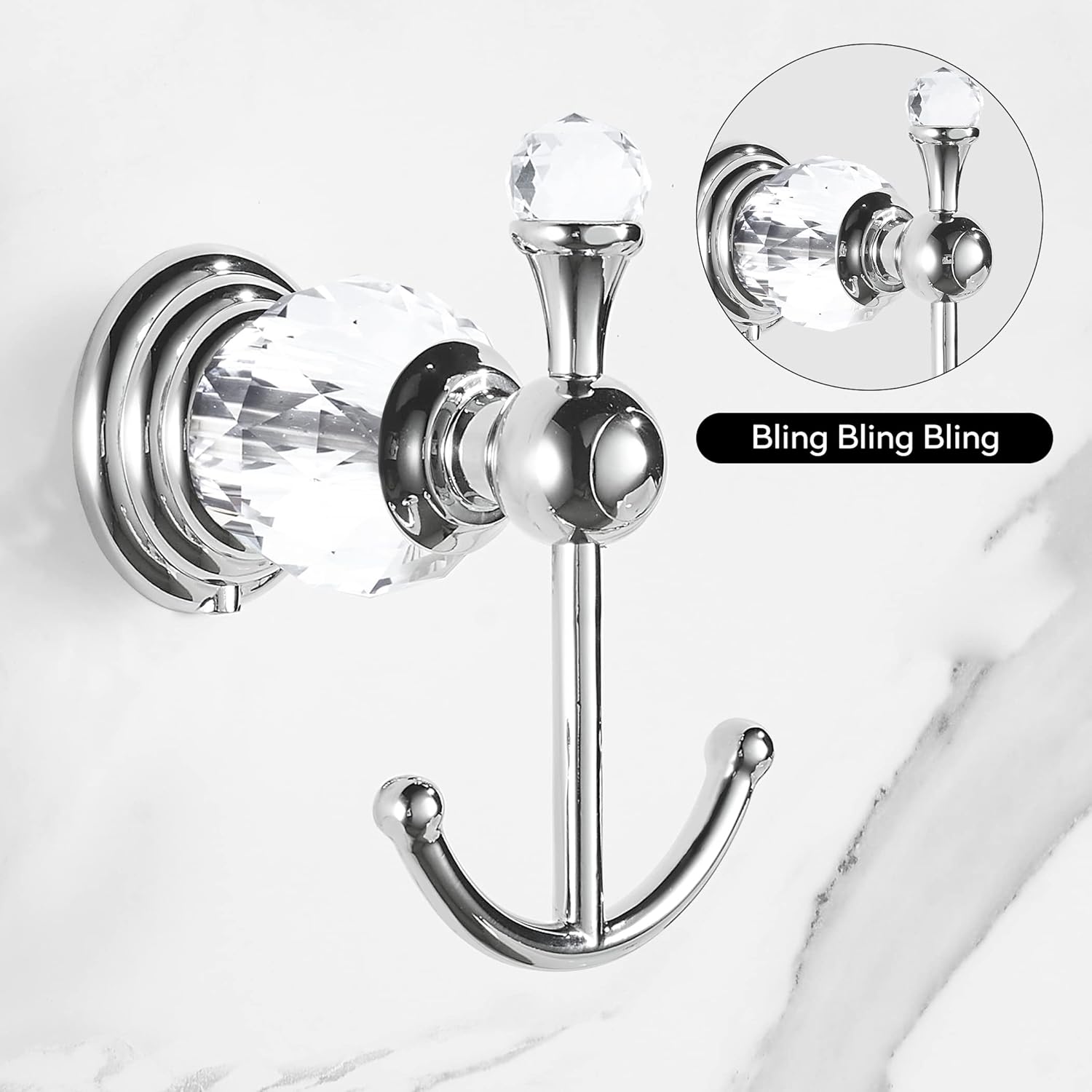 WINCASE Crystal Towel Hook Chrome, Bath Robe Hook, Silver Bathroom Wall Hooks Double for Coats Wall Mounted Modern Style