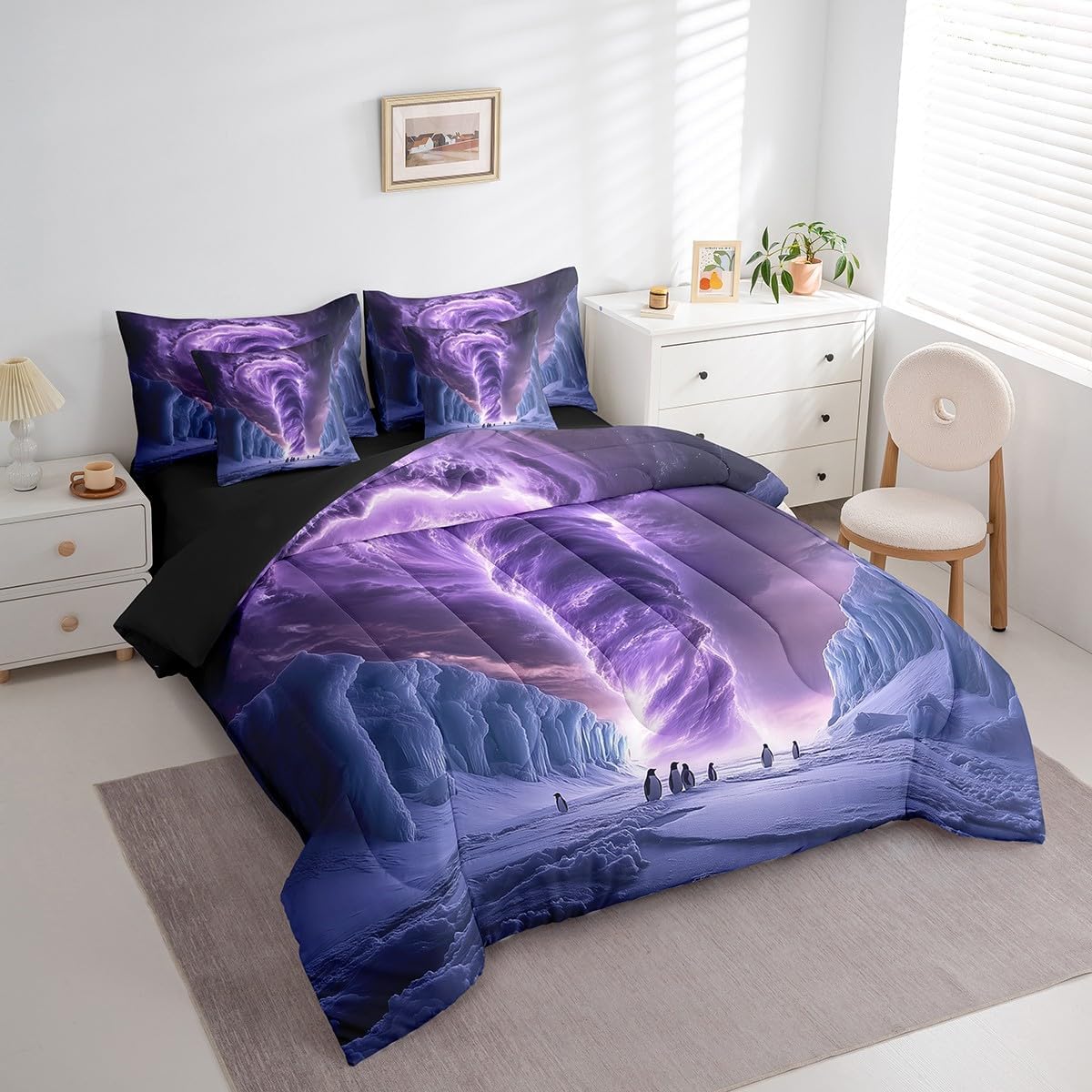 Erosebridal Purple Tornado Bedding Set 7Pcs,Penguin Comforter Set Twin for Boys Kids Teens,Nature Violet Aurora Bed in a Bag,Cute Polar Animal Quilt - Image 3