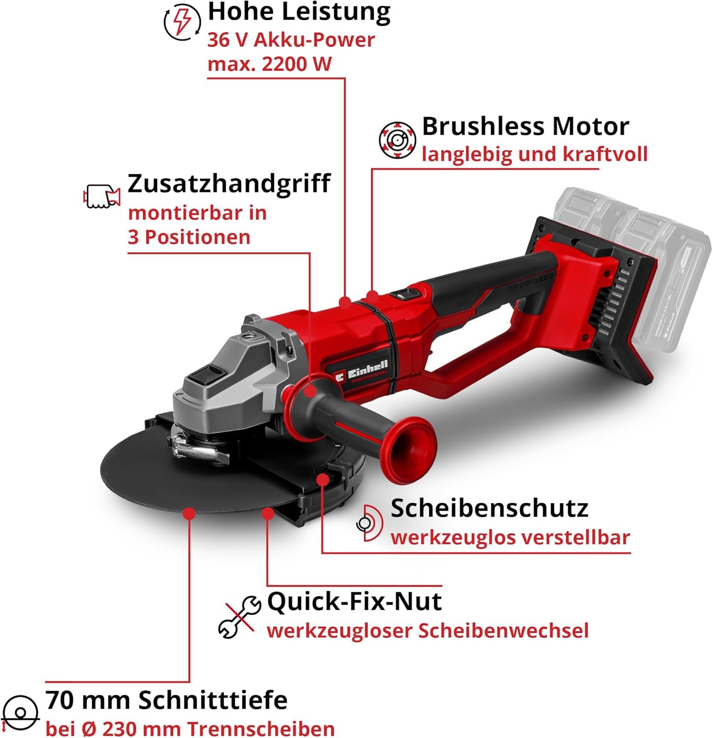 Einhell Professional Akku-Winkelschleifer AXXIO 36/230 Q Power X-Change (36 V, 2200 W, 230 mm Scheiben-Ø, 70 mm Schnitttiefe, Brushless, Quick-Fix-Nut, ohne Trennscheibe, ohne Akku)