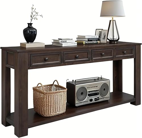 Mesa consola de madera maciza de 63 pulgadas con cajones de almacenamiento y estante inferior, mesa de entrada de granja para pasillo, vestíbulo,