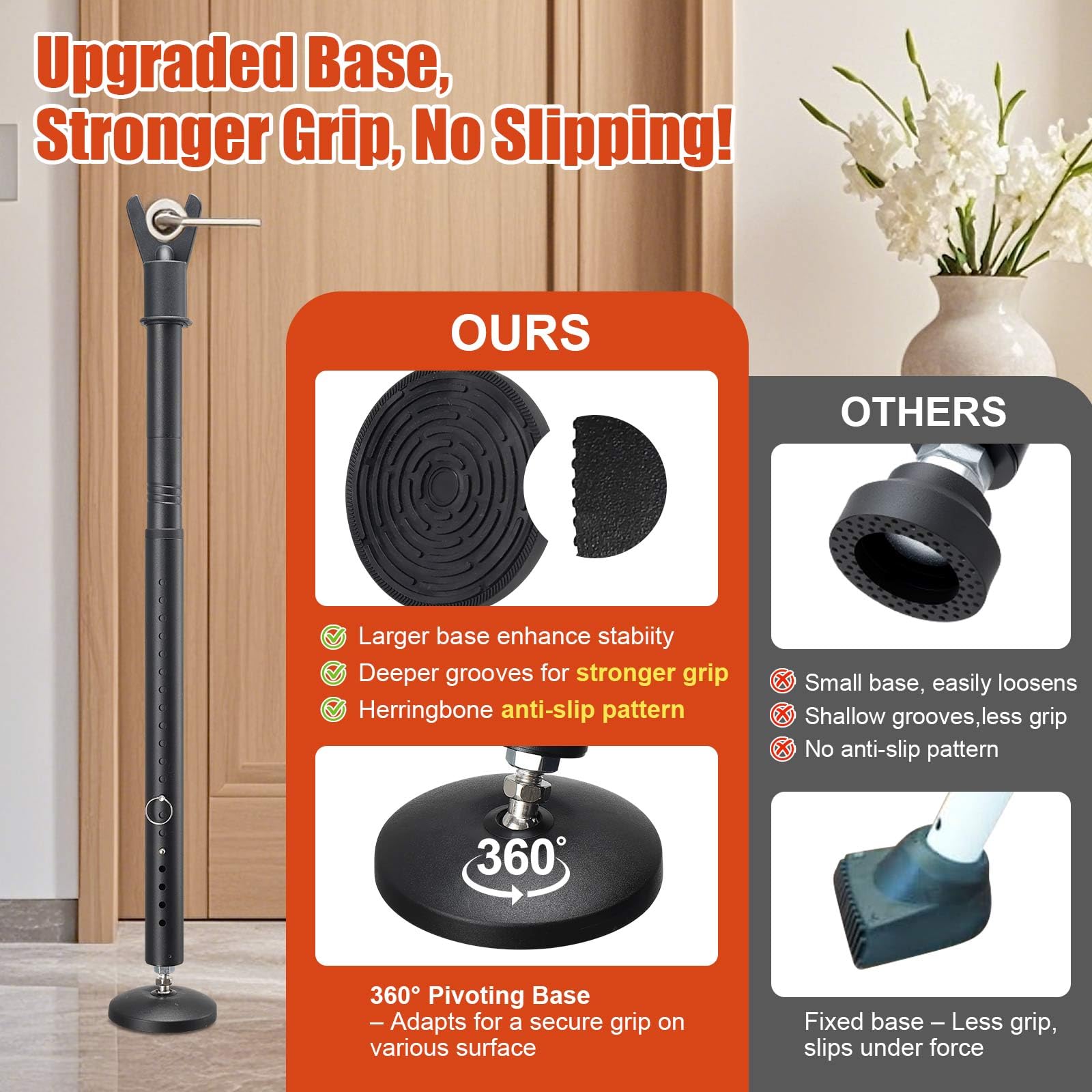 Barra de seguridad para puerta, base antideslizante mejorada, tope de puerta antirrobo resistente, tope de seguridad ajustable de 28 a 52 pulgadas, para puerta delantera, patio, ventana corrediza de