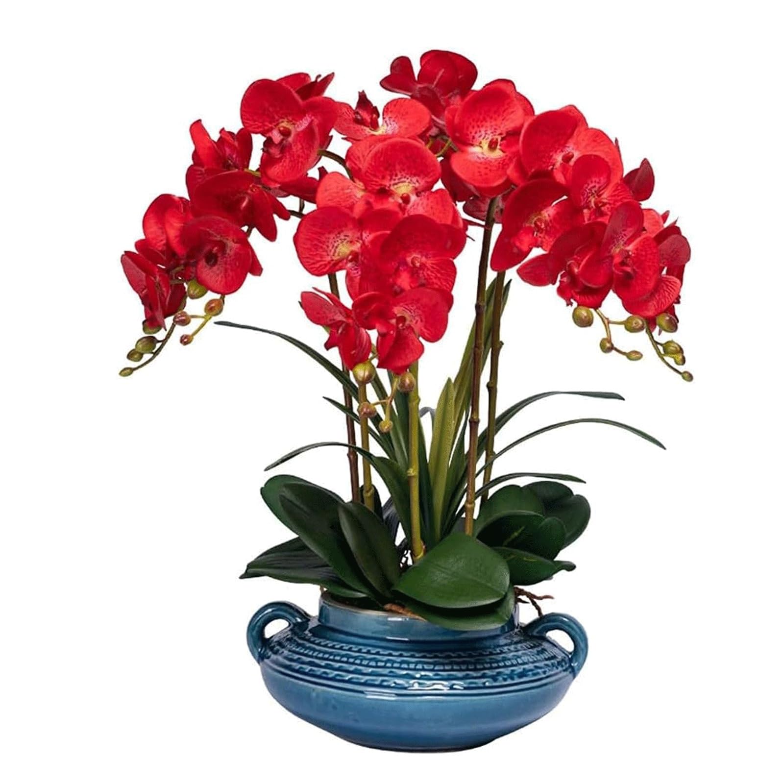 MYUYEE Artificial Orchid Flowers With Ceramic Vase, Realistic Potted Fake Phalaenopsis Flowers Arrangement Centerpiece Table Decorations(Rot)