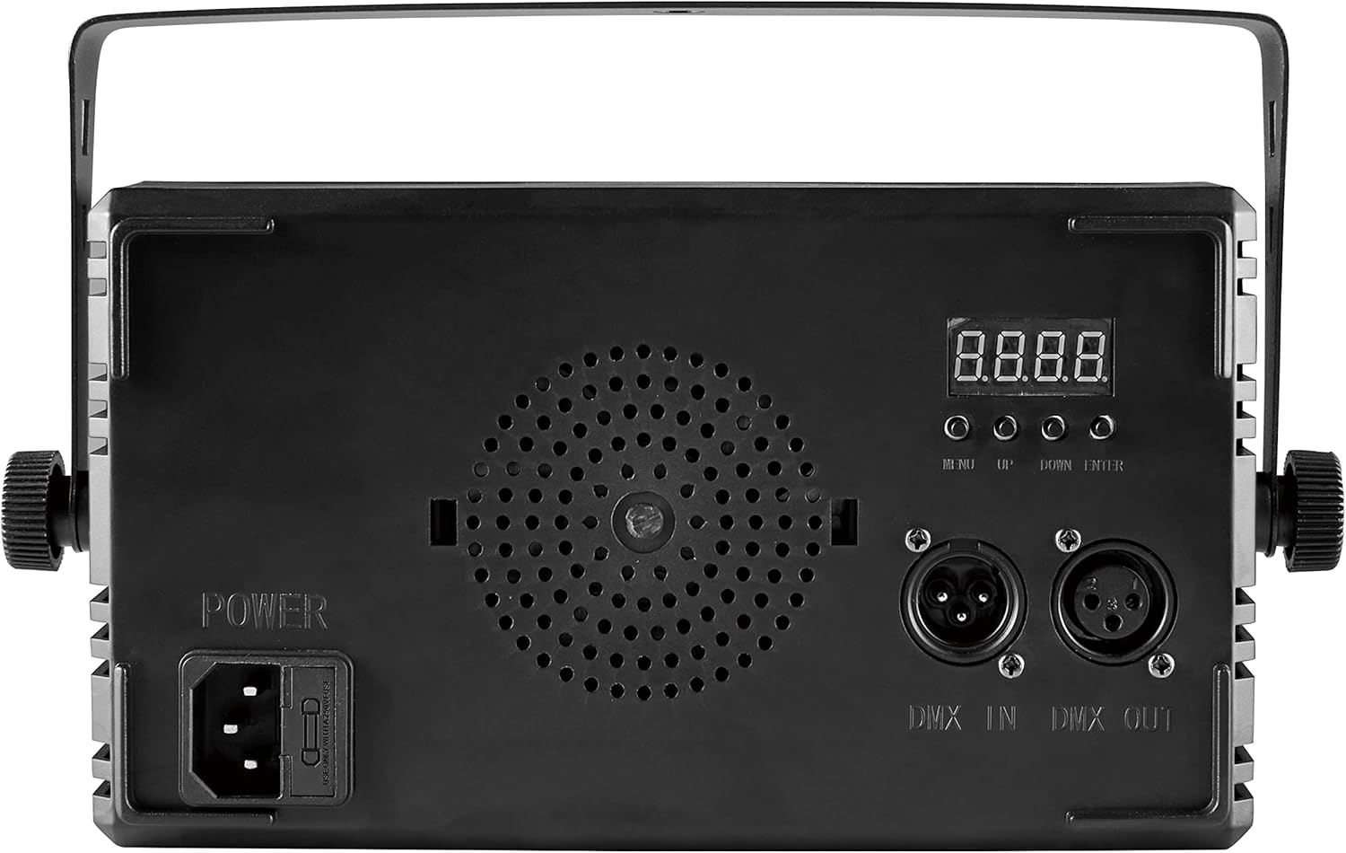 Rear view of the SENLAN LED Par Panel Stage Light, showing power input, DMX in/out ports, control panel, and cooling fan.