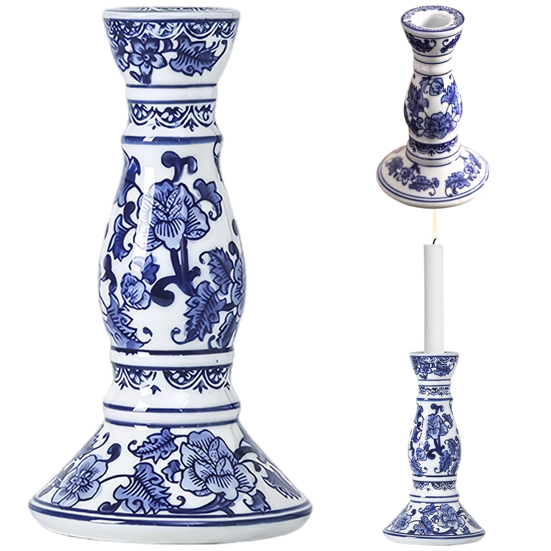 Blaues und weißes Porzellan, 21 x 9, 9 cm, Keramik-Kerzenhalter mit Blumenmuster, eleganter handgefertigter Kerzenhalter für Schreibtisch- und Raumdekoration, Keramik