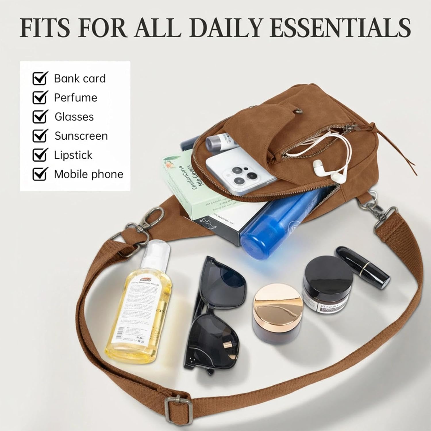 FaroDor Women Small Crossbody Sling Bags PU Leather Suede Chest Bag Lightweight Small Backpack for Casual Traveling Multi-Pocket Packs (Brown) - Image 2