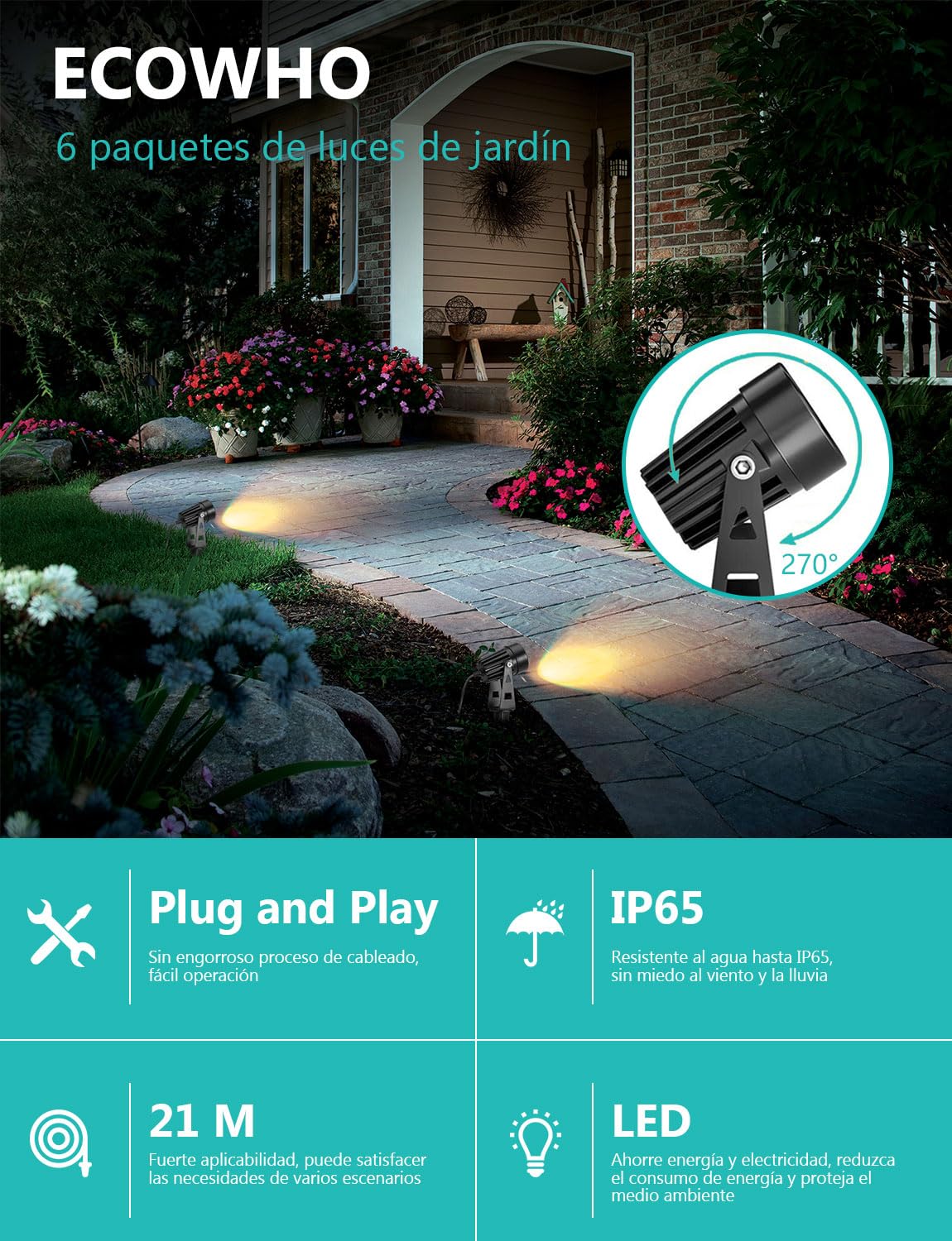 ECOWHO 6PACK Iluminación de Jardín con Piqueta de Tierra, IP65 Impermeable LED Focos de Jardín con Enchufe, Blanco Cálido 2700K Focos Camino de Luces Para el Jardín, árboles, Setos