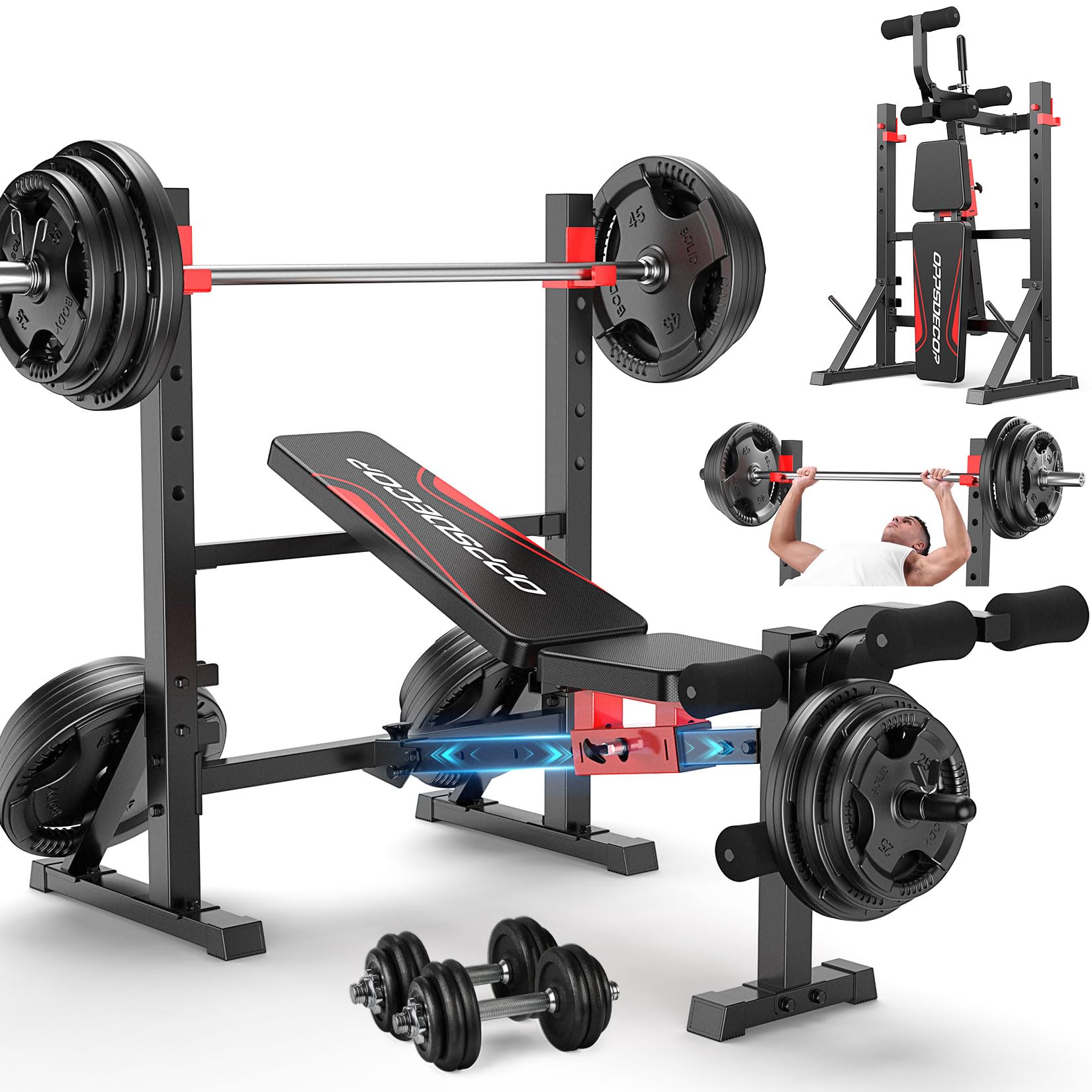 900 LBS Weight Bench Set with Squat Rack, Adjustable Bench Press Set with Leg Extension and Leg Curl, Foldable Flat/Incline/Decline Workout Bench for Home Gym