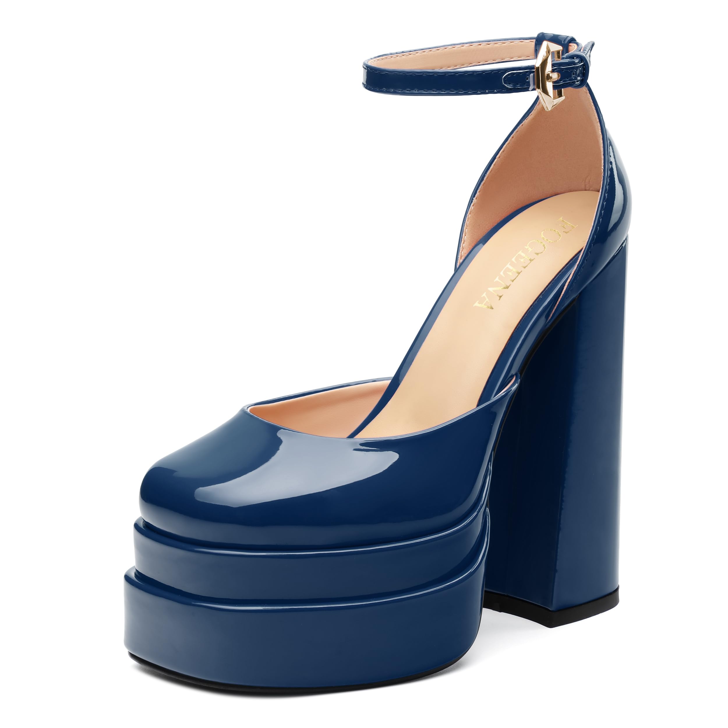 FOGEENA Platform Chunky Heels for Women Block High Heels Patent Closed Round Toe Ankle Strap 5.9 Inch Pumps Fashion Dating Prom Party Dress Shoes