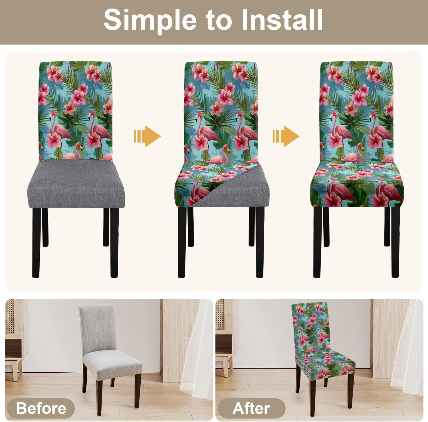 Flowers Flamingo Chair Covers Set of 4,Stretchable Kitchen Dining Room Chair Covers Decorations Removable Washable Dining Chair Slipcovers Chair Protectors for Dining Room & Kitchen