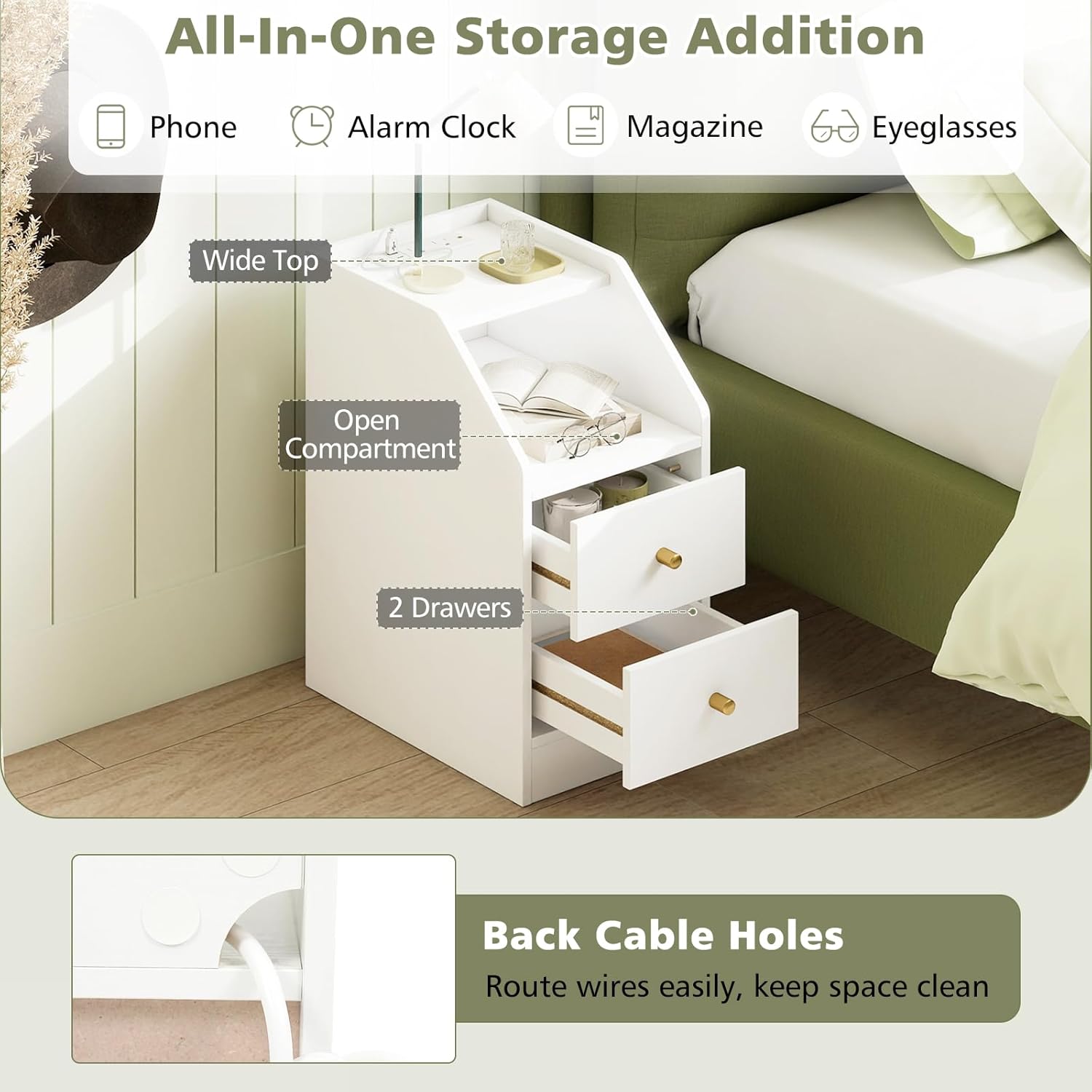 KOMFOTT Side Table illustrating its storage features: wide top, open compartment, two drawers, and back cable holes for organization.