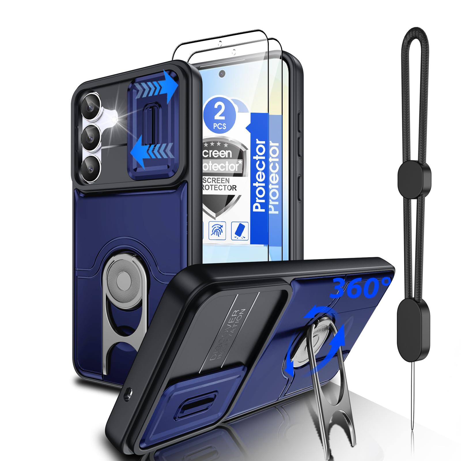 Dizn for Samsung Galaxy S25 FE Case:[Not Fit Samsung S25] with 2 Screen Protector,Slide Camera Cover Lens Protector,360°Kickstand,Military-Grade Shockproof for 6.5-Inch Galaxy S25FE,Blue