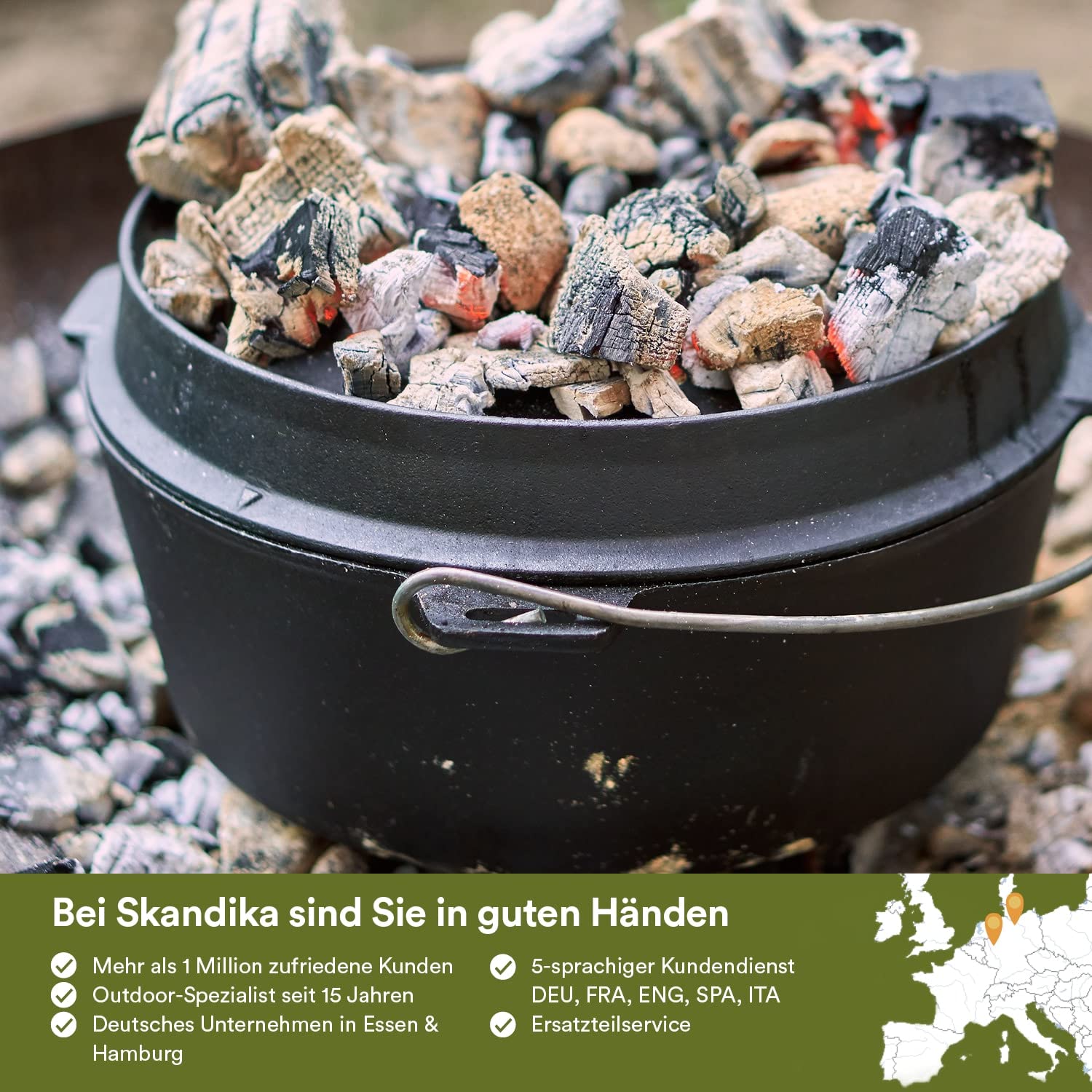 Skandika Dutch Oven Flame Master 5,1-13,8 L | Faitout Marmite en fonte avec couvercle, avec/sans pieds, lève-couvercle et sac | Four hollandais, barbecue, camping (13,8 litres, Sans pieds)